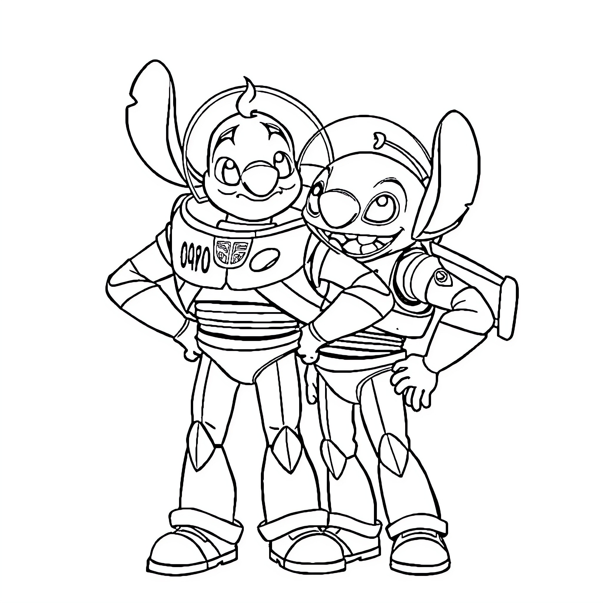 Buzz Lightyear and Stitch in Whimsical Interaction Coloring Page (free black-and-white line drawing printable PDF for all, from beginners to advanced learners, including children, teens, adults, and seniors)