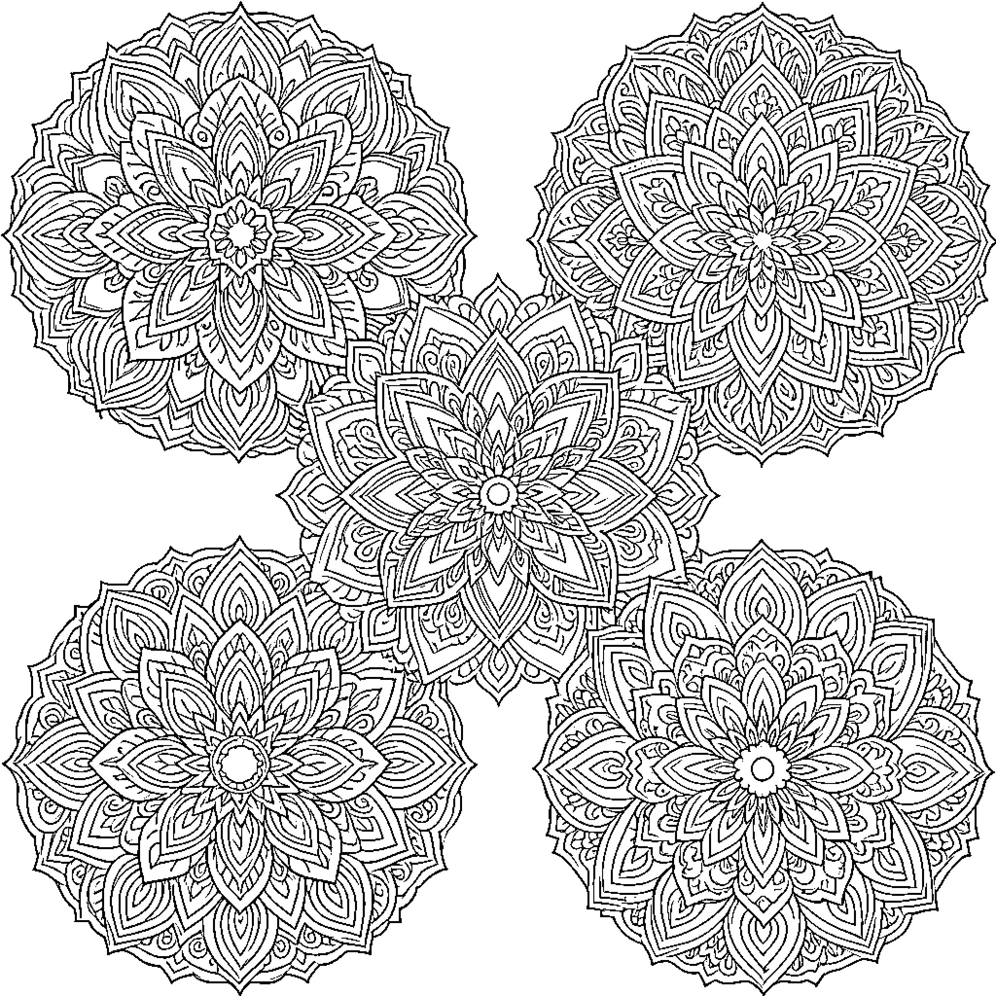 Mandalas of intricate floral patterns Coloring Page (free black-and-white line drawing printable PDF for all, from beginners to advanced learners, including children, teens, adults, and seniors)