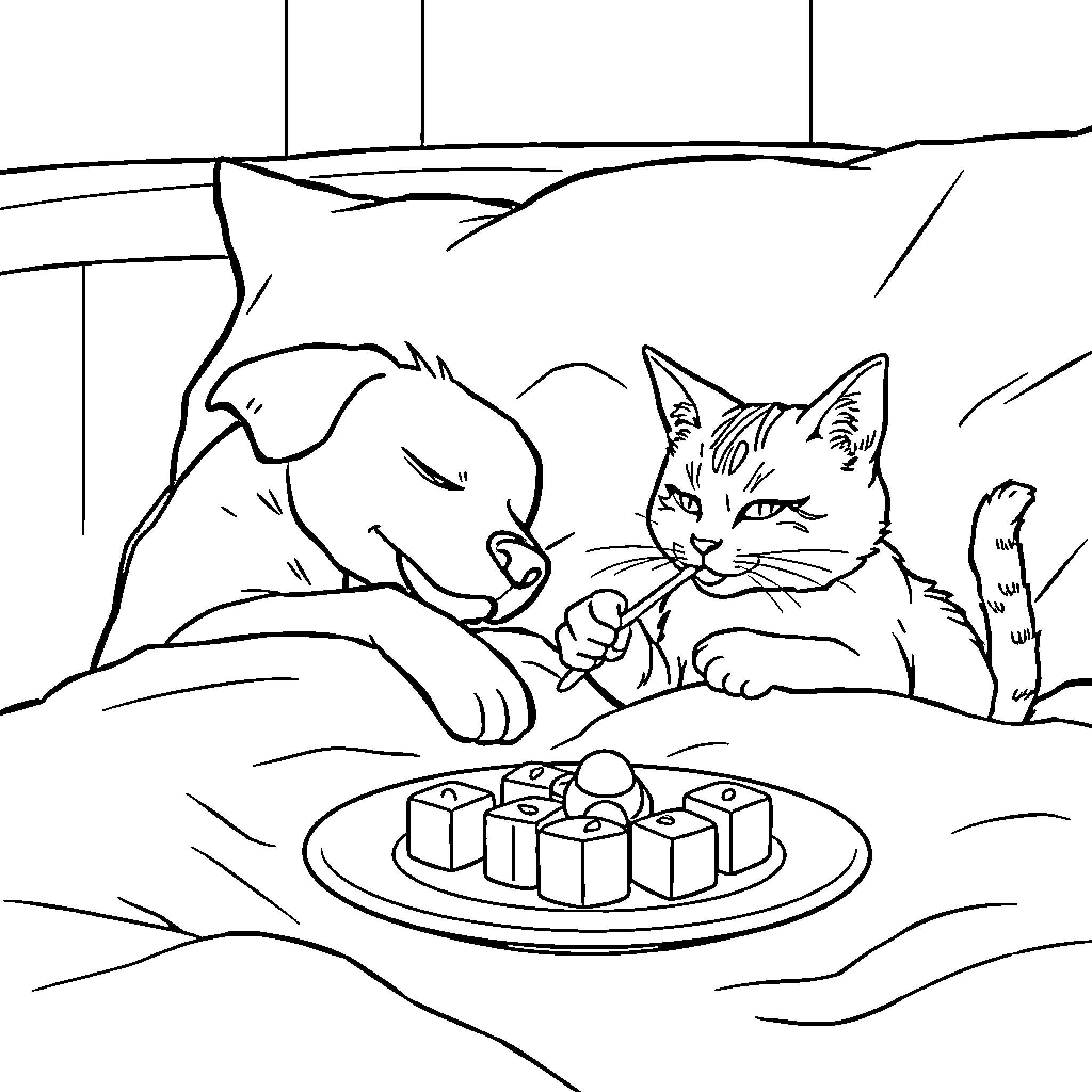Dog and cat relaxing and sharing treats Coloring Page (free black-and-white line drawing printable PDF for all, from beginners to advanced learners, including children, teens, adults, and seniors)