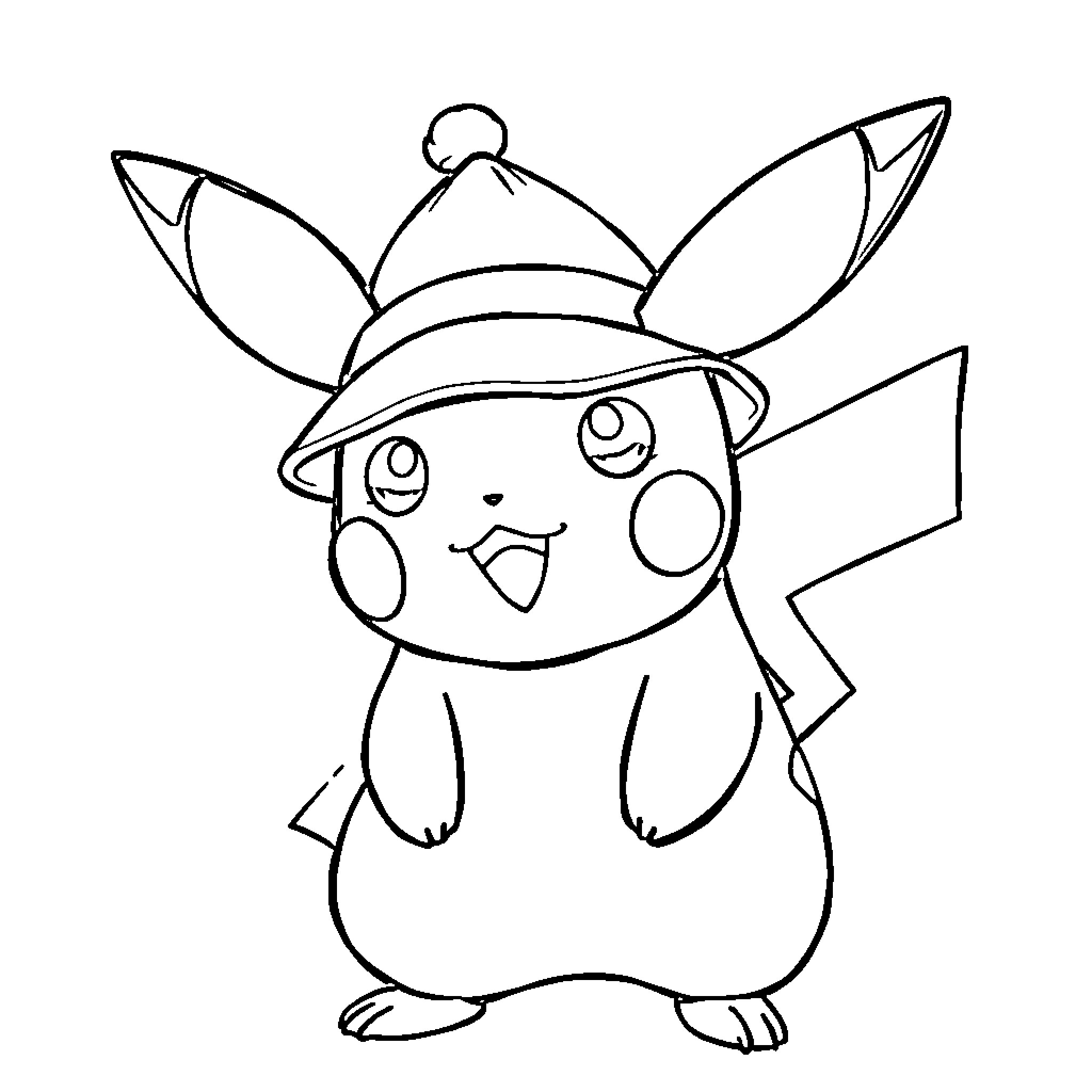 Pikachu wearing a cute hat Coloring Page (free black-and-white line drawing printable PDF for all, from beginners to advanced learners, including children, teens, adults, and seniors)