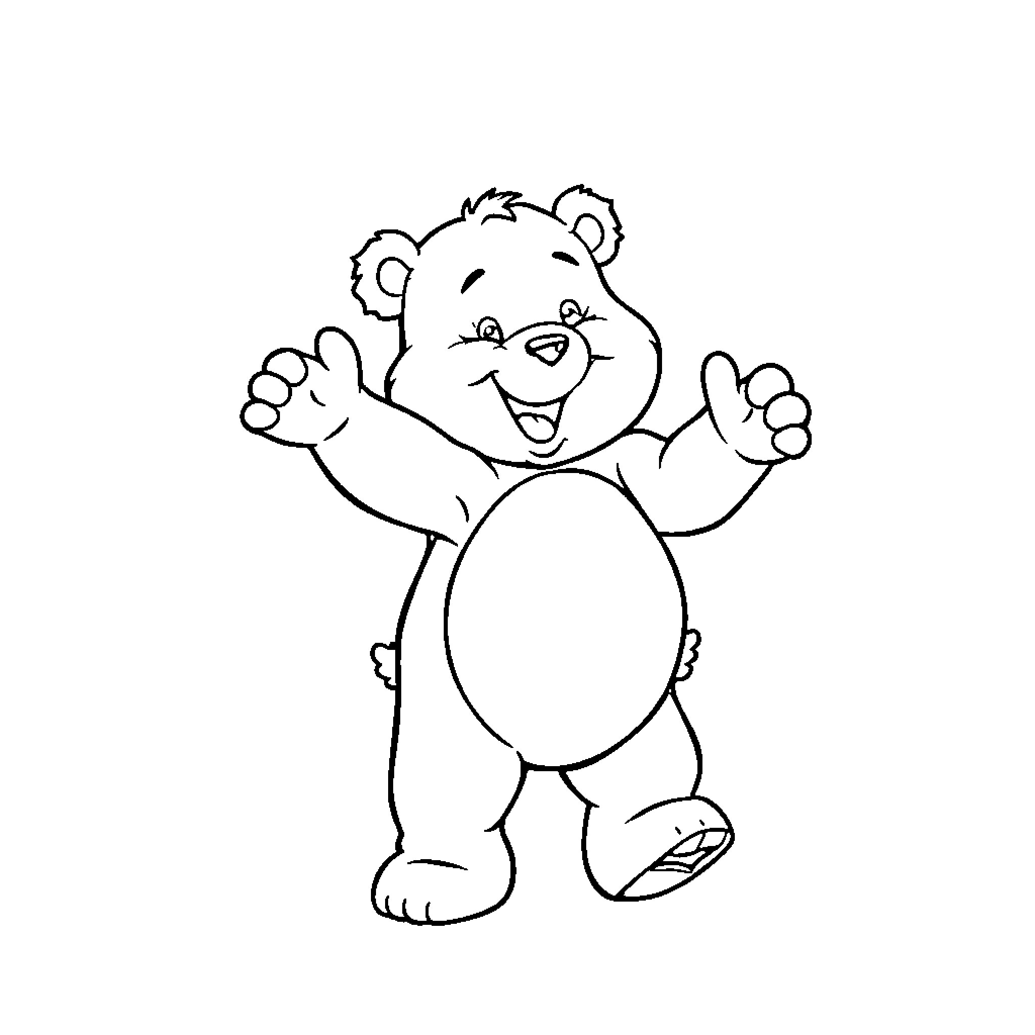Care Bear cheerfully raising arms Coloring Page (free black-and-white line drawing printable PDF for all, from beginners to advanced learners, including children, teens, adults, and seniors)
