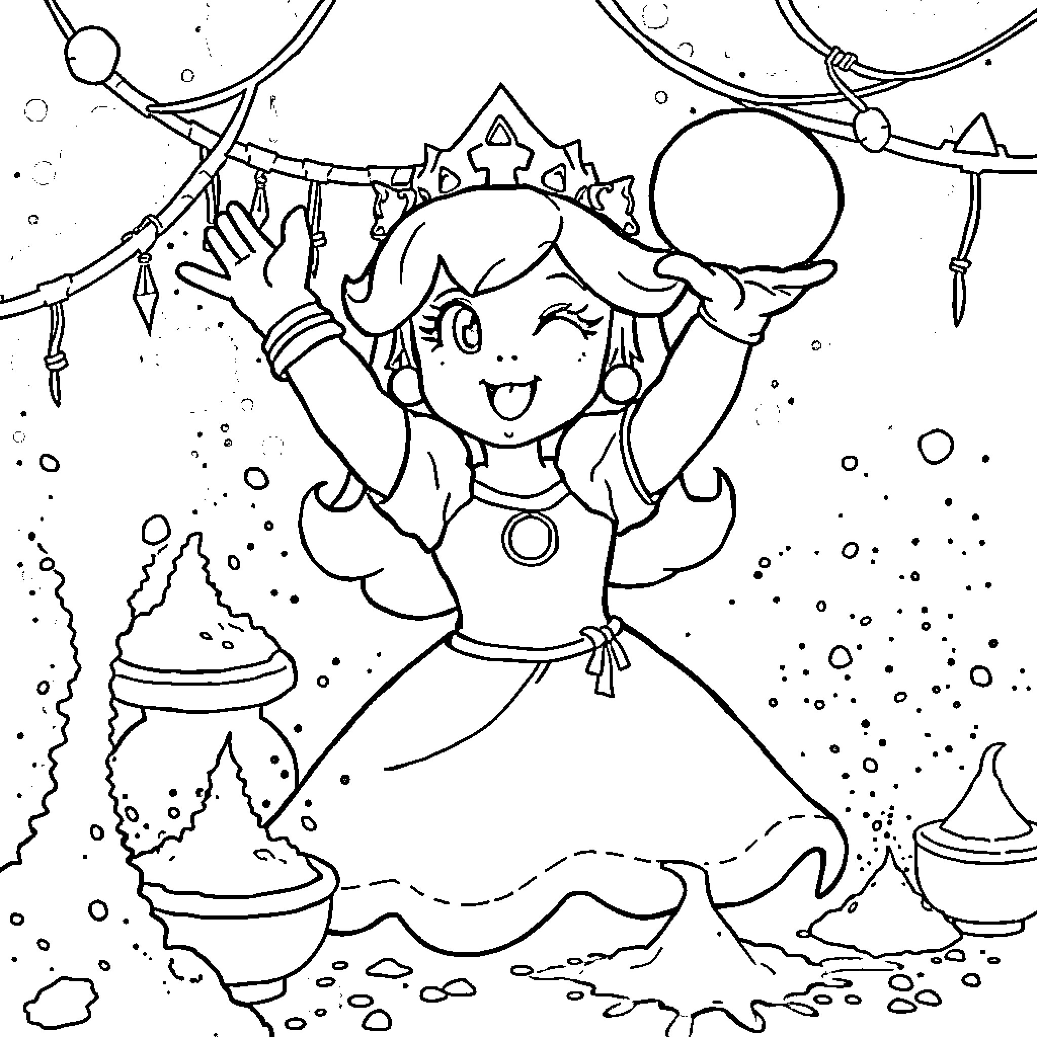 Princess Peach celebrating joyfully in a whimsical scene Coloring Page (free black-and-white line drawing printable PDF for all, from beginners to advanced learners, including children, teens, adults, and seniors)