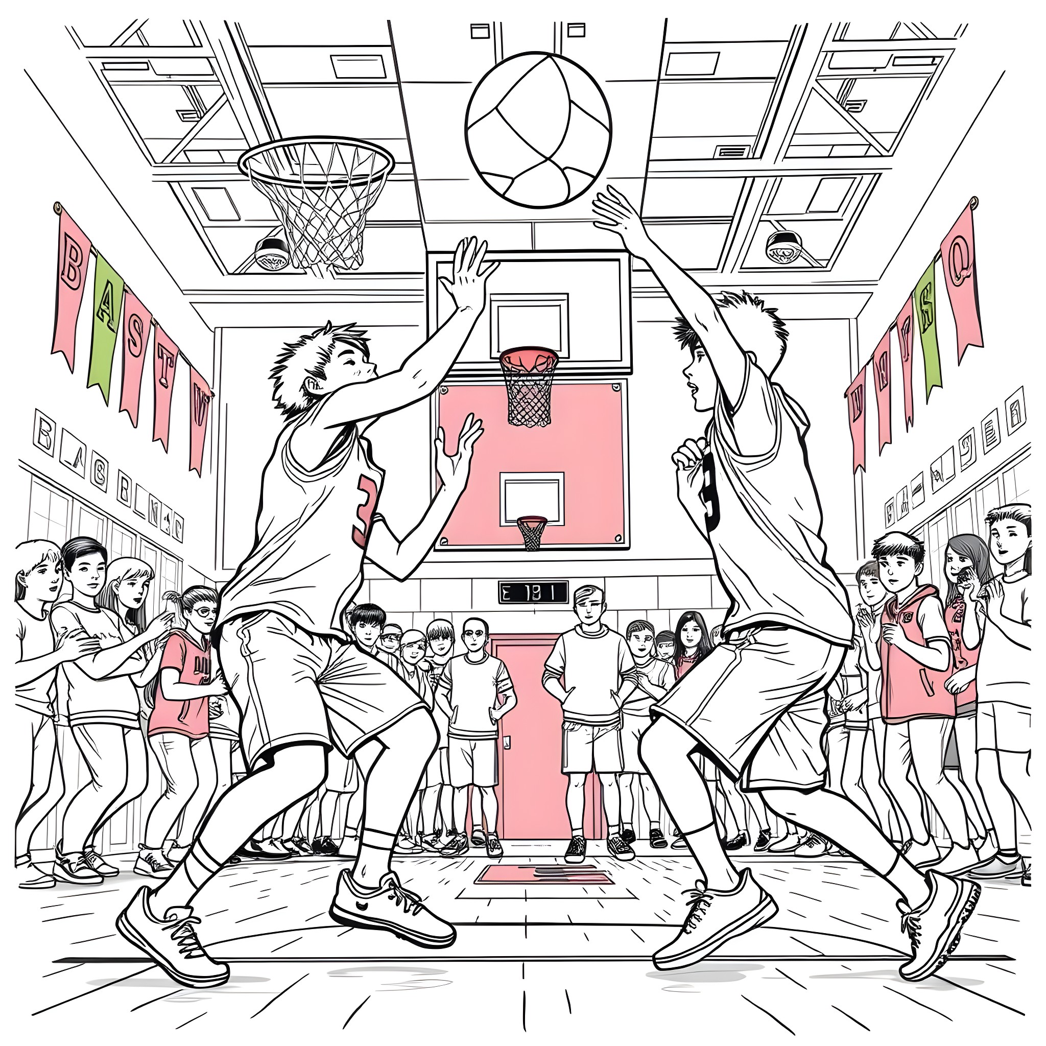 Teen Guys Playing Basketball with Crowd Coloring Page (free black-and-white line drawing printable PDF for all, from beginners to advanced learners, including children, teens, adults, and seniors)