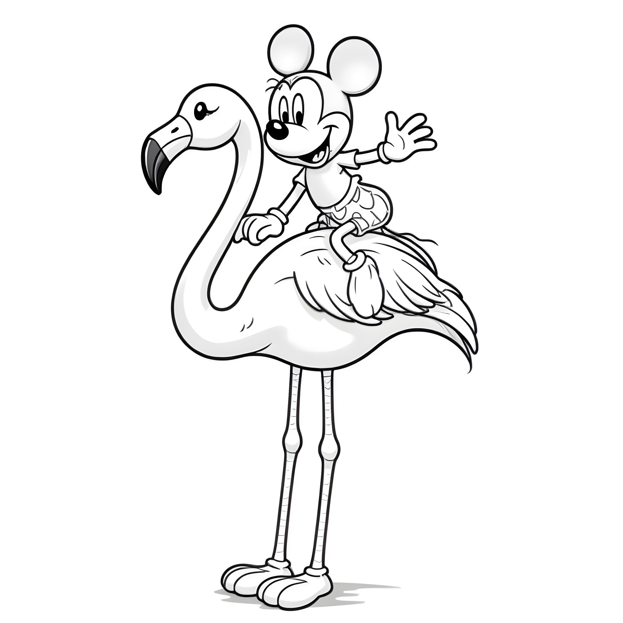 Mickey Mouse riding a flamingo Coloring Page (free black-and-white line drawing printable PDF for all, from beginners to advanced learners, including children, teens, adults, and seniors)