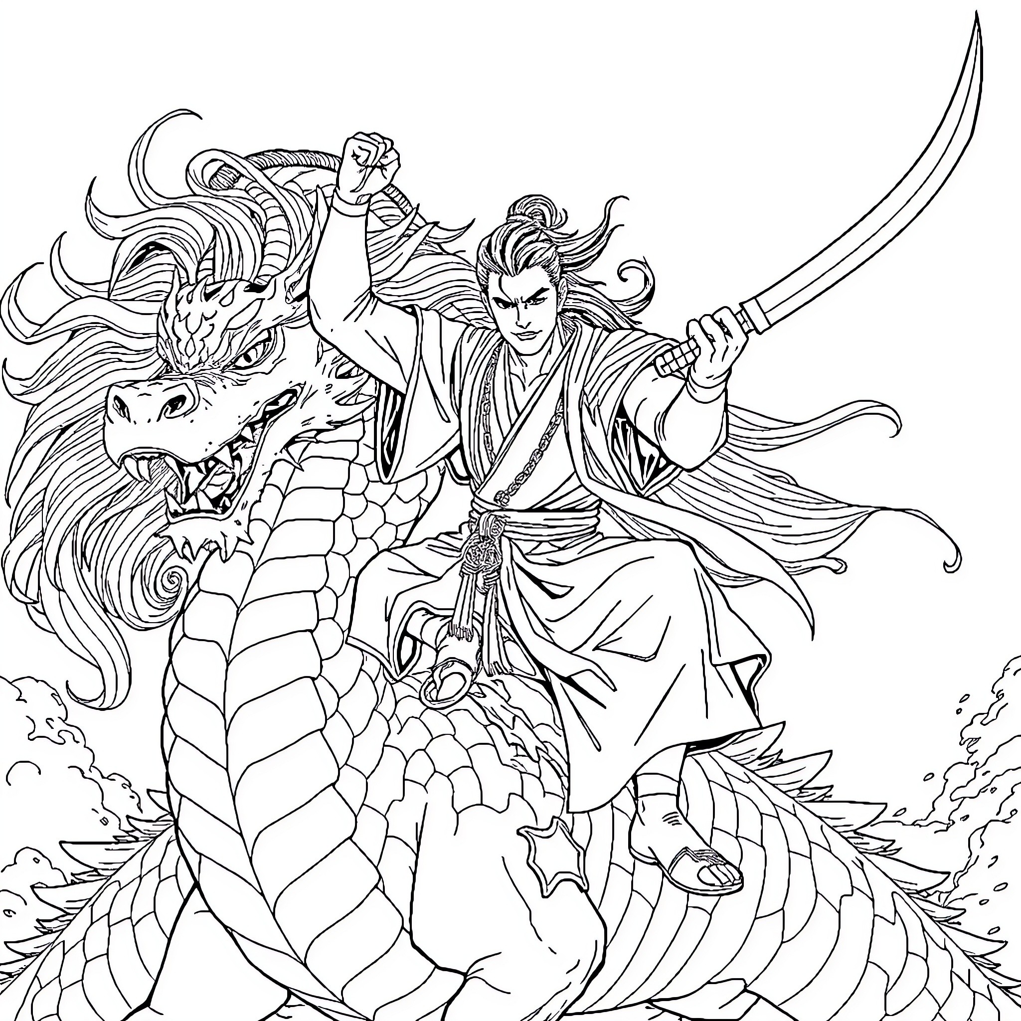Man battling fearsome dragon with sword in hand Coloring Page (free black-and-white line drawing printable PDF for all, from beginners to advanced learners, including children, teens, adults, and seniors)