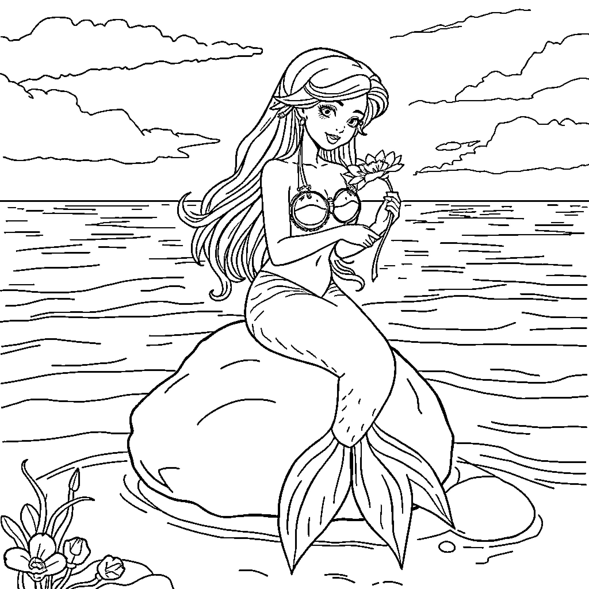 Mermaid enjoying the sea breeze in her beautiful outfit Coloring Page (free black-and-white line drawing printable PDF for all, from beginners to advanced learners, including children, teens, adults, and seniors)
