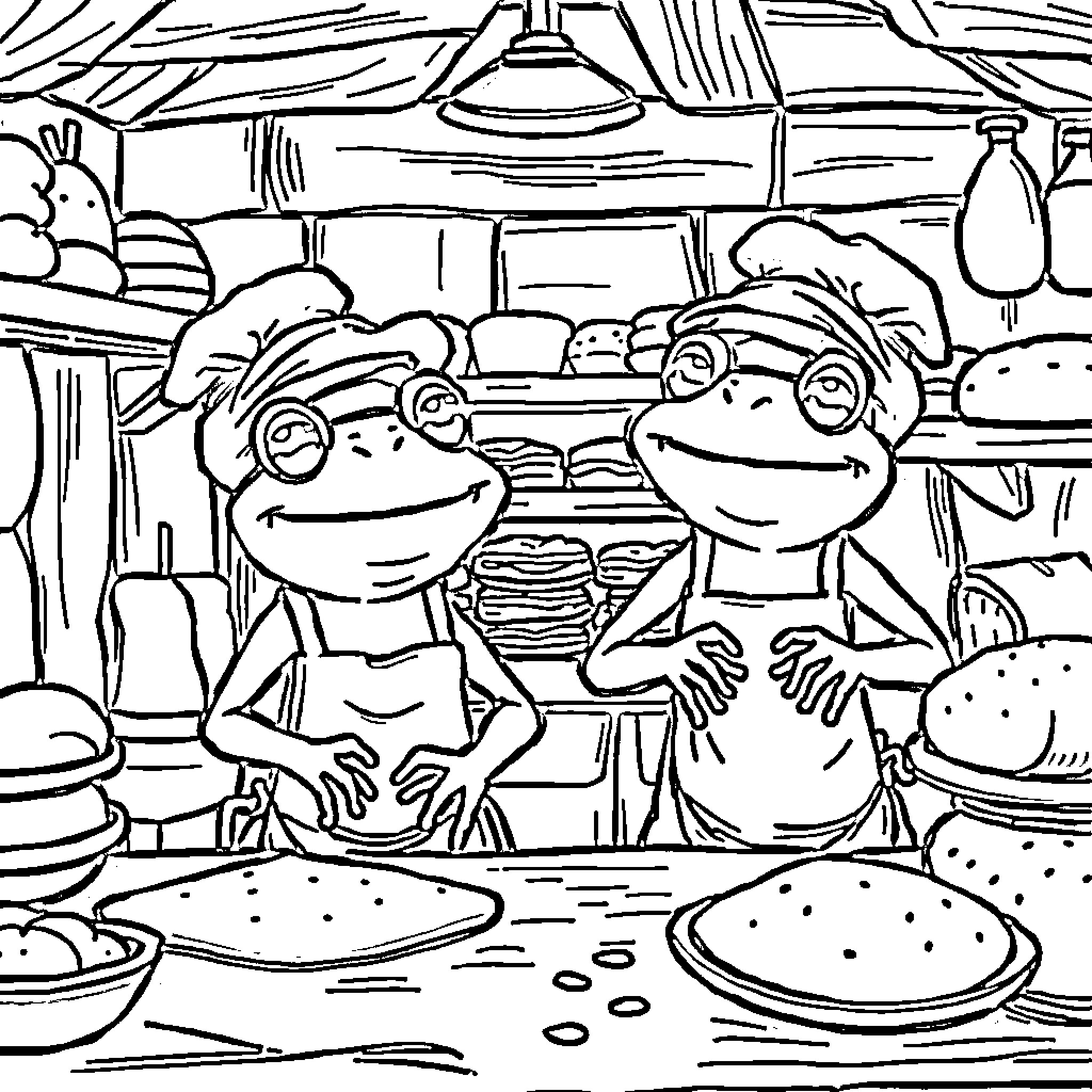 Frog friends cooking up a tasty meal Coloring Page (free black-and-white line drawing printable PDF for all, from beginners to advanced learners, including children, teens, adults, and seniors)