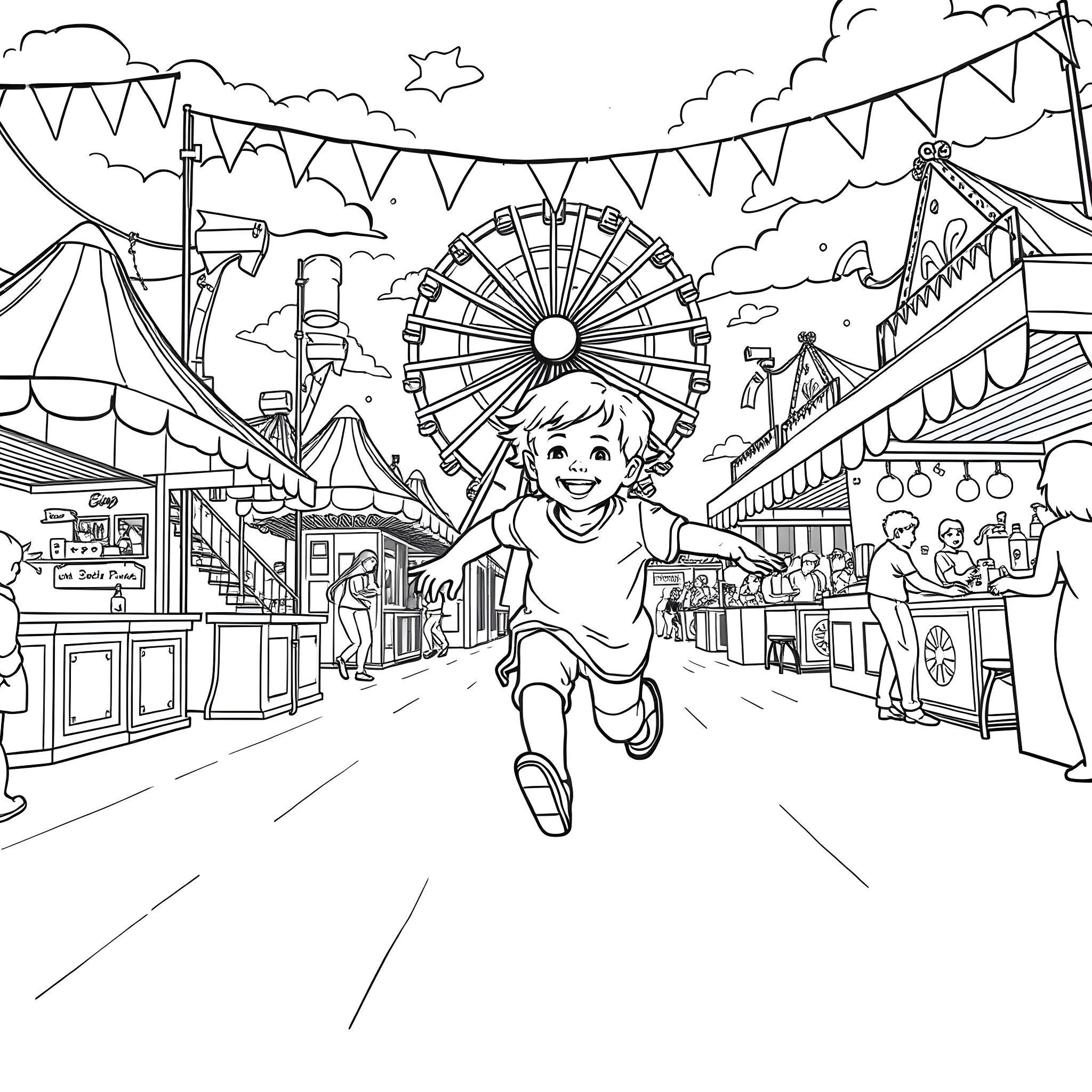 Child exploring the fun at the carnival Coloring Page (free black-and-white line drawing printable PDF for all, from beginners to advanced learners, including children, teens, adults, and seniors)