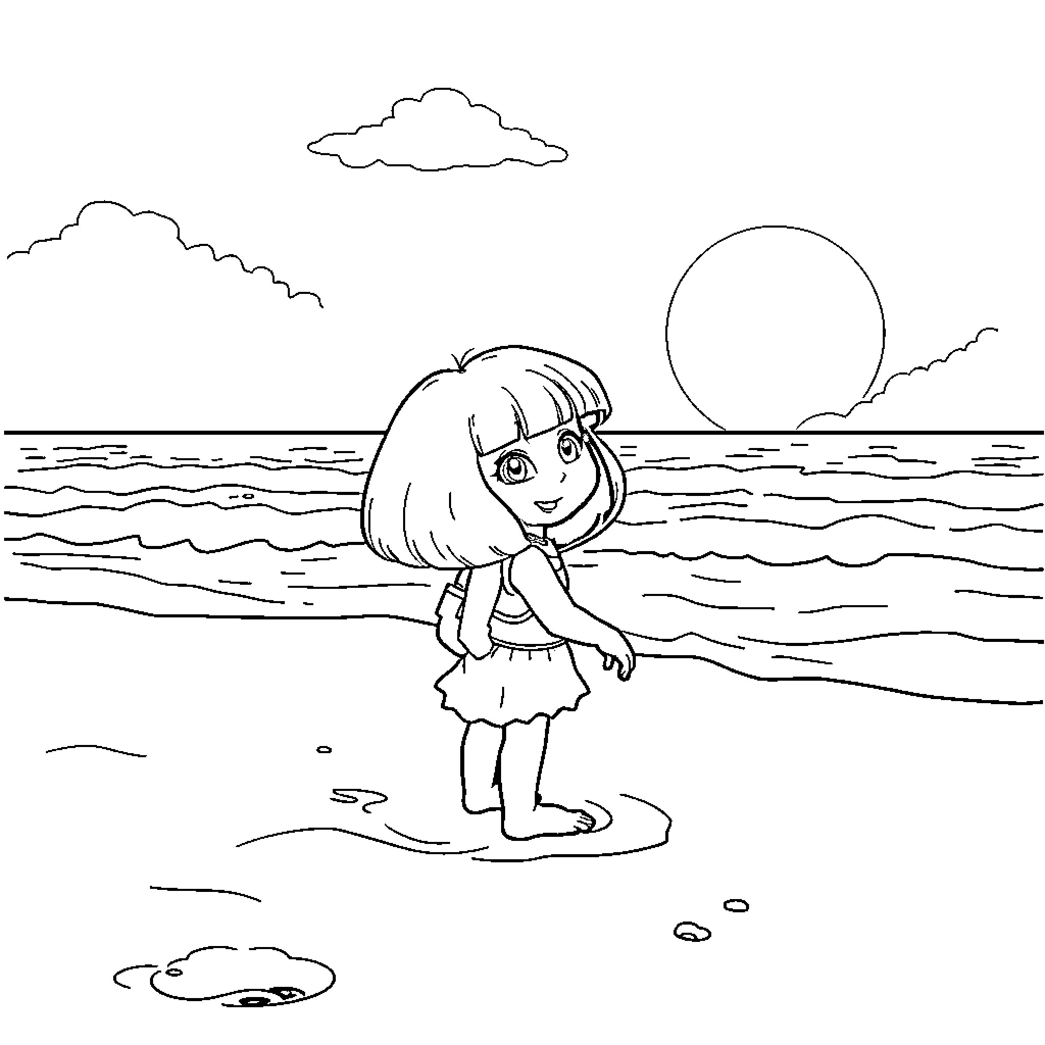 Dora enjoying a sunny day at the beach Coloring Page (free black-and-white line drawing printable PDF for all, from beginners to advanced learners, including children, teens, adults, and seniors)