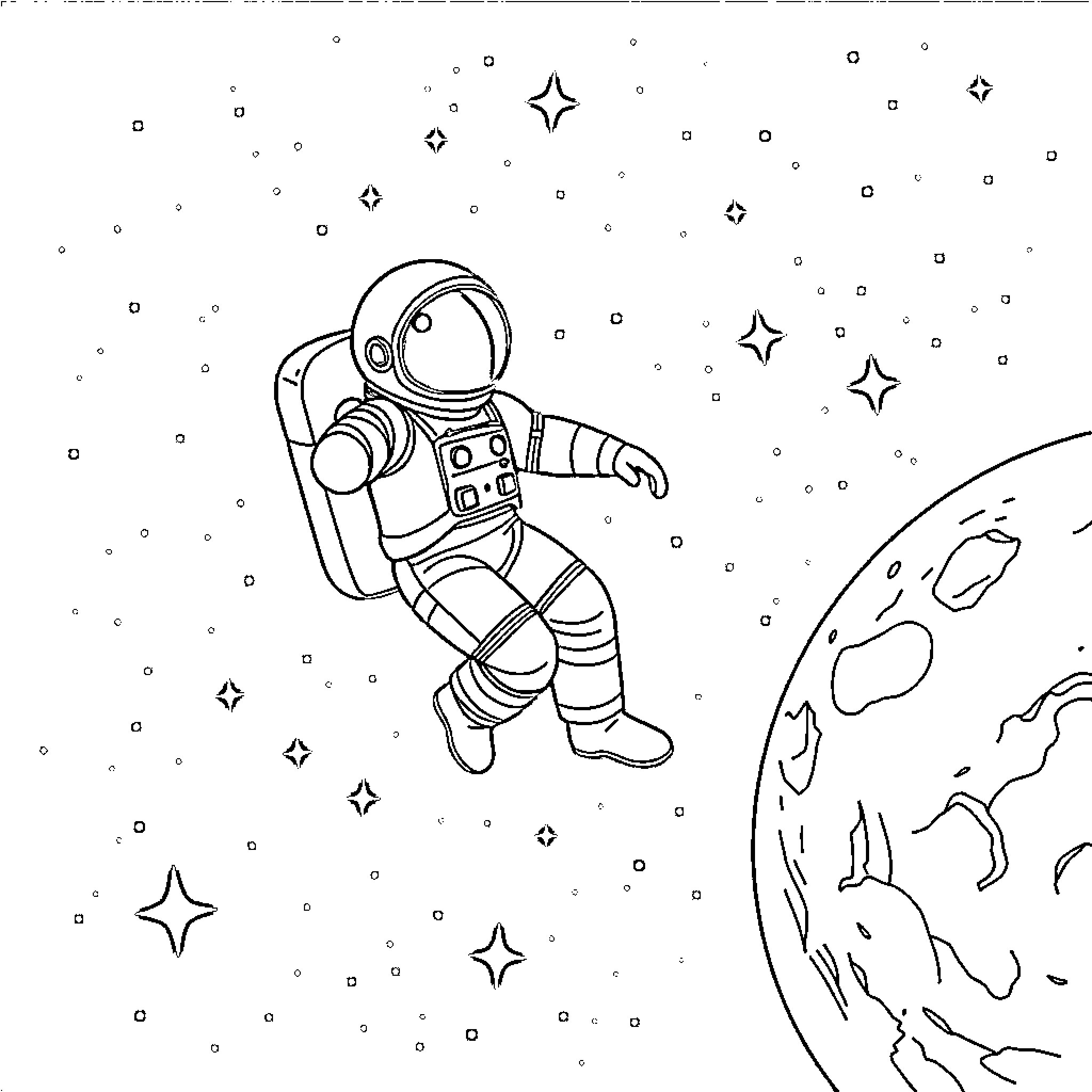 Astronaut exploring the vast cosmos Coloring Page (free black-and-white line drawing printable PDF for all, from beginners to advanced learners, including children, teens, adults, and seniors)