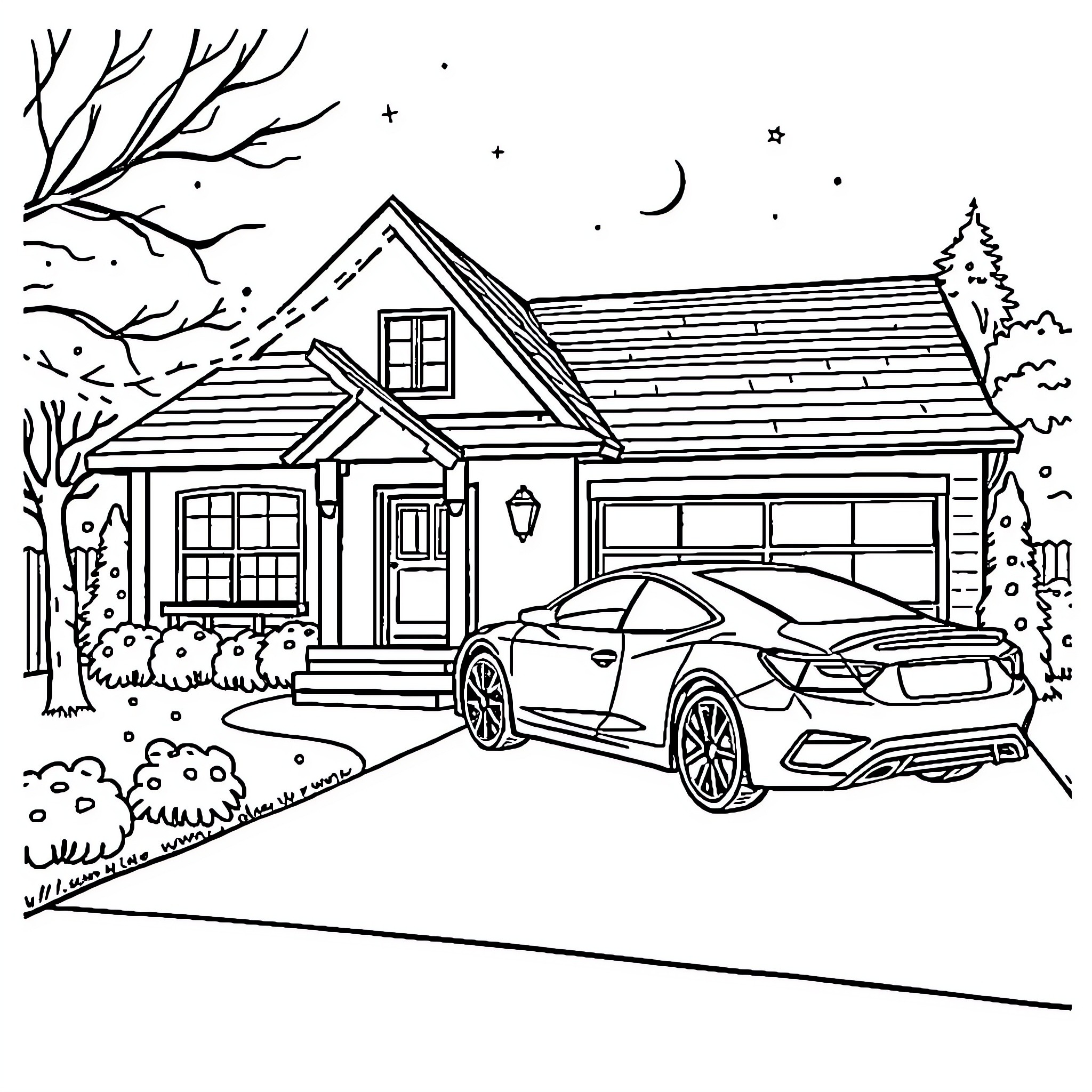 Home and Car in Starry Night Landscape Coloring Page (free black-and-white line drawing printable PDF for all, from beginners to advanced learners, including children, teens, adults, and seniors)