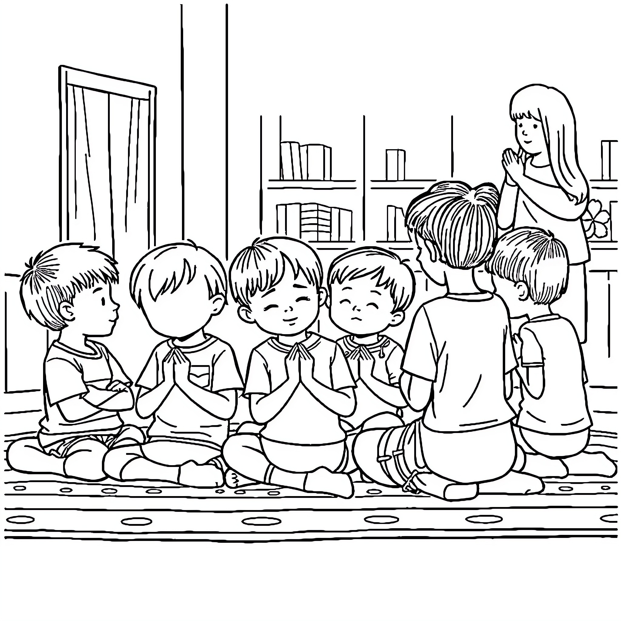 Kids praying together in a classroom Coloring Page (free black-and-white line drawing printable PDF for all, from beginners to advanced learners, including children, teens, adults, and seniors)