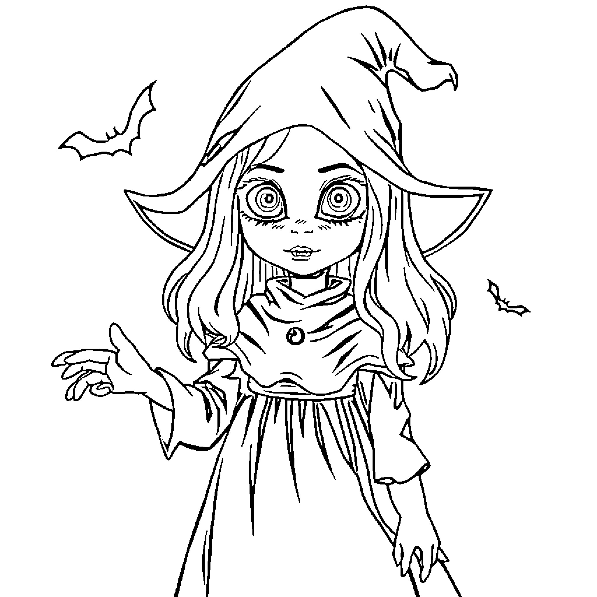 Halloween Girl with Spooky Costume and Bats Coloring Page (free black-and-white line drawing printable PDF for all, from beginners to advanced learners, including children, teens, adults, and seniors)