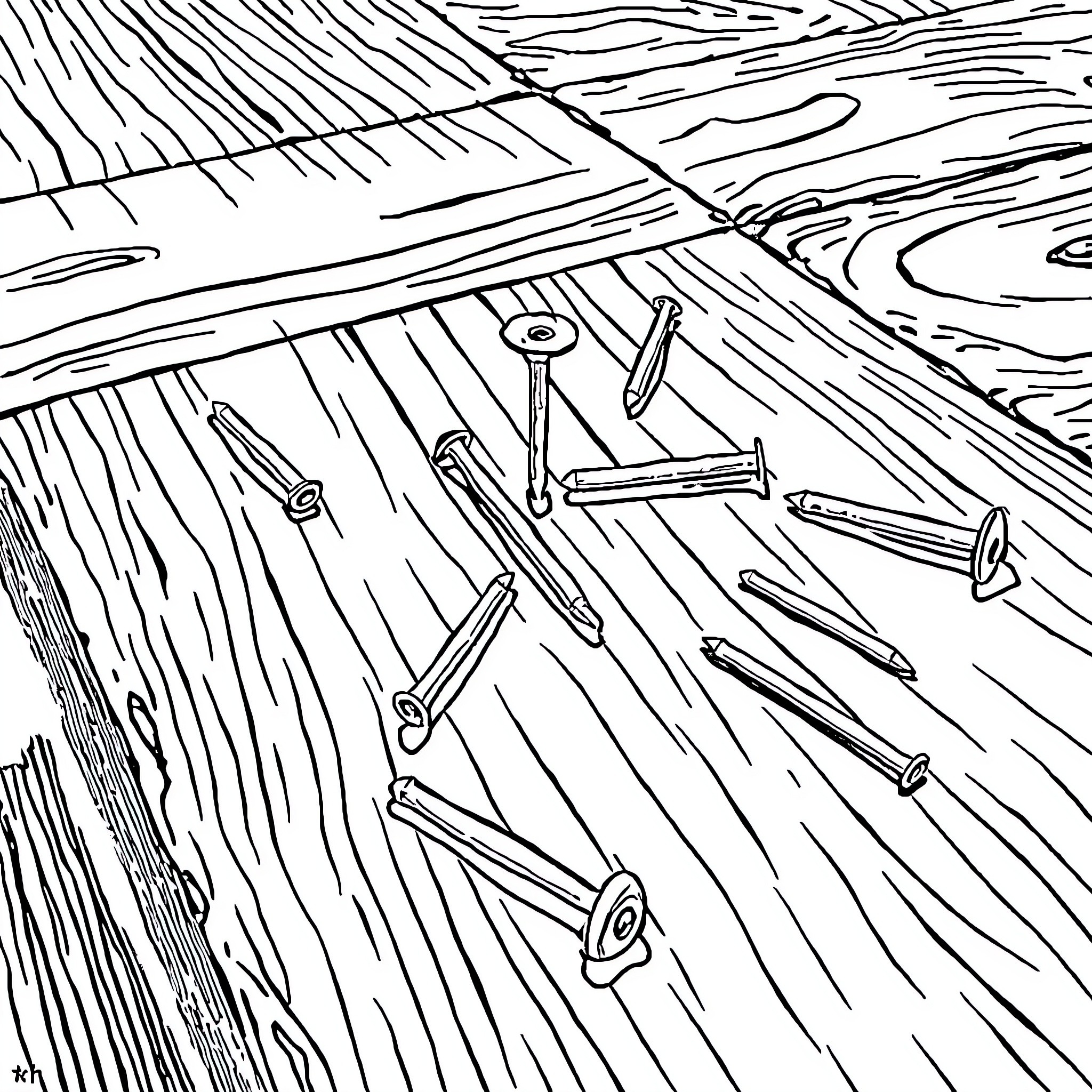 Nail on Wooden Floor with Tools Coloring Page (free black-and-white line drawing printable PDF for all, from beginners to advanced learners, including children, teens, adults, and seniors)