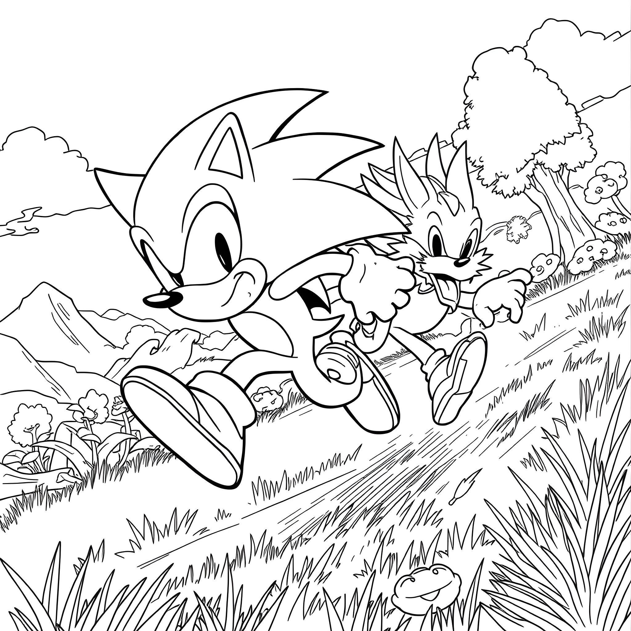 Sonic and friends running through the forest Coloring Page (free black-and-white line drawing printable PDF for all, from beginners to advanced learners, including children, teens, adults, and seniors)