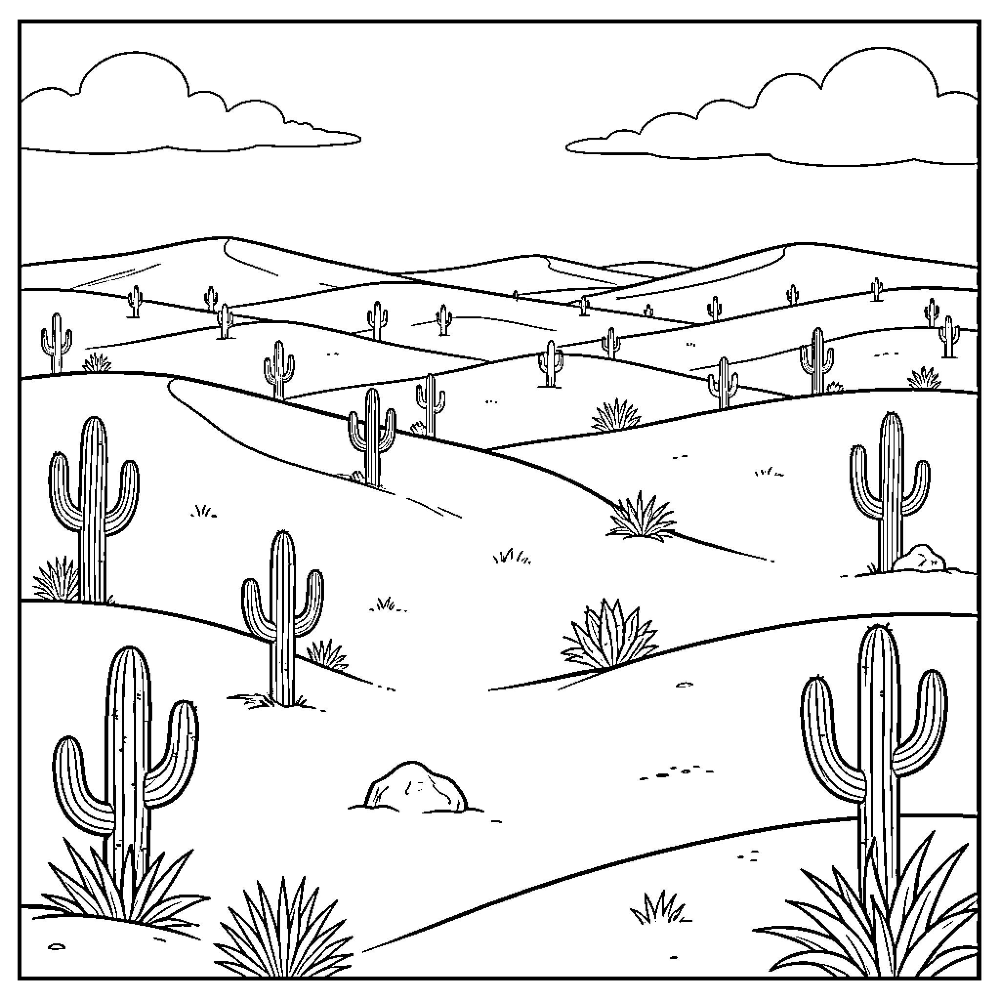 Desert landscape featuring various cacti and rolling hills Coloring Page (free black-and-white line drawing printable PDF for all, from beginners to advanced learners, including children, teens, adults, and seniors)