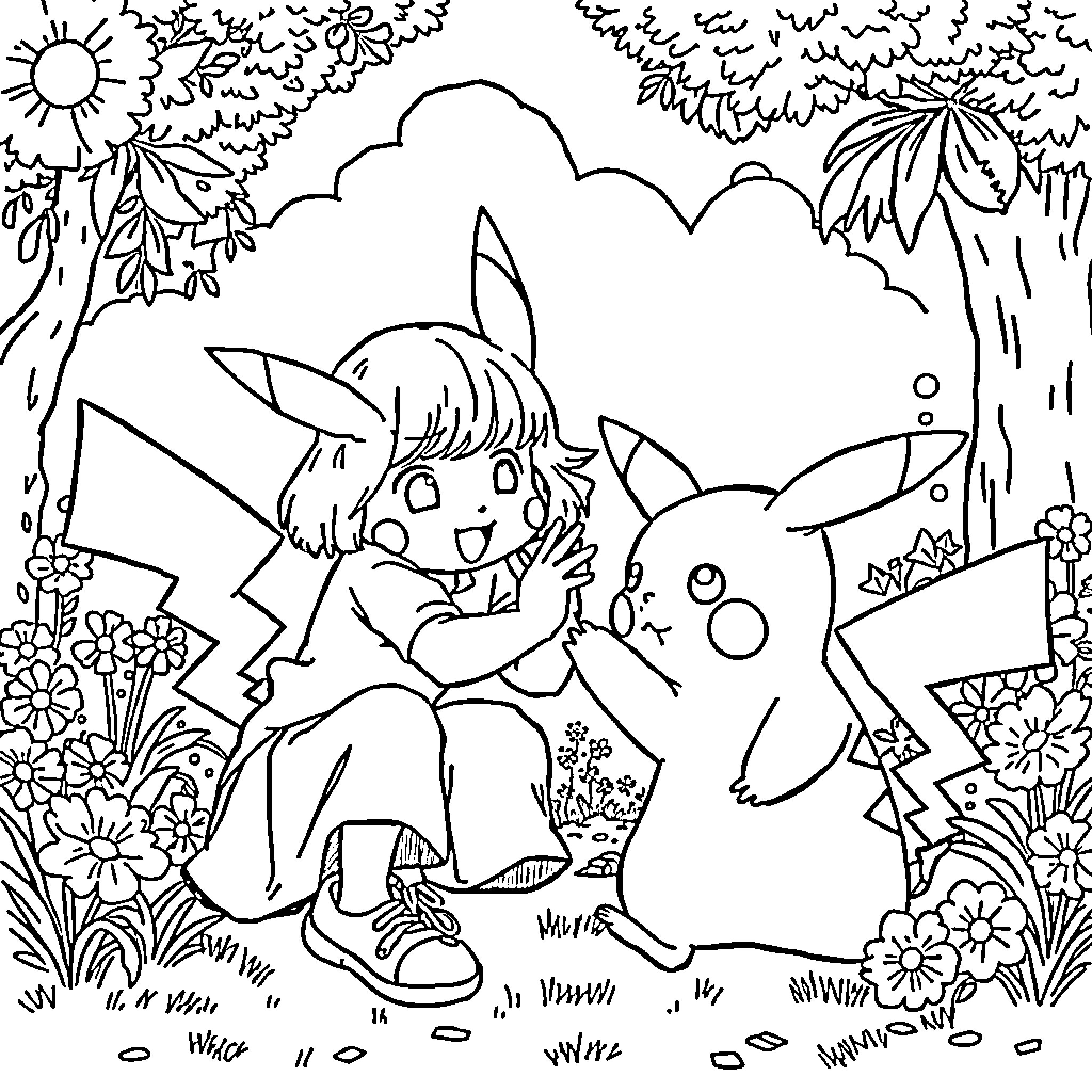 Pikachu playing with a child in a nature scene Coloring Page (free black-and-white line drawing printable PDF for all, from beginners to advanced learners, including children, teens, adults, and seniors)