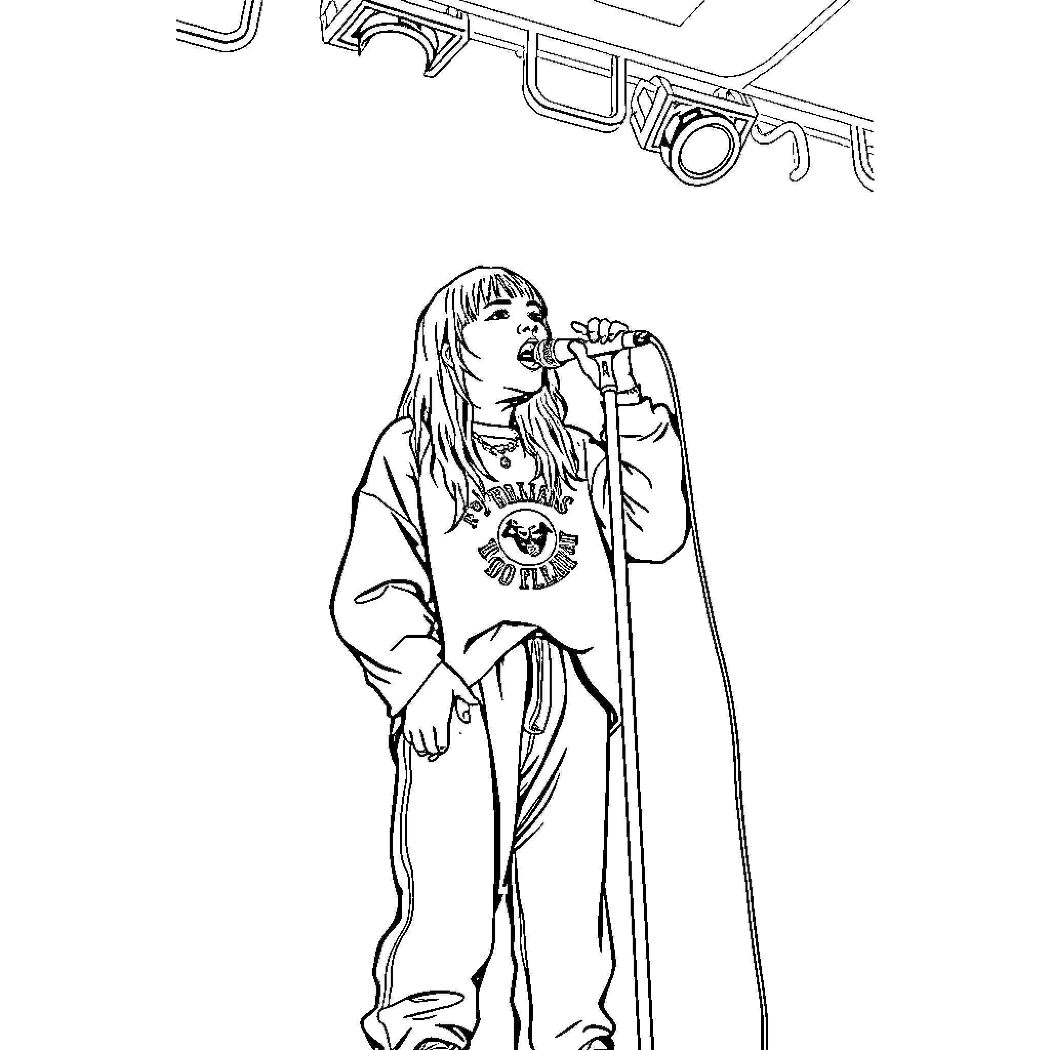 Billie Eilish performing on stage in casual attire Coloring Page (free black-and-white line drawing printable PDF for all, from beginners to advanced learners, including children, teens, adults, and seniors)