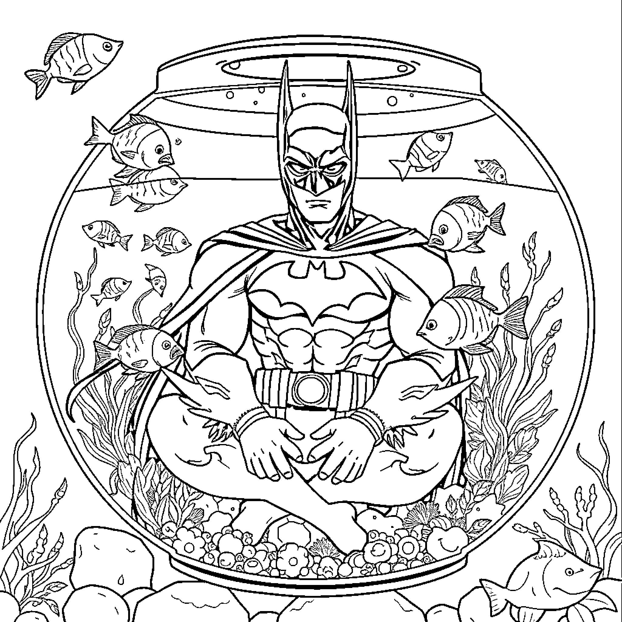Batman meditating under the sea with marine life Coloring Page (free black-and-white line drawing printable PDF for all, from beginners to advanced learners, including children, teens, adults, and seniors)