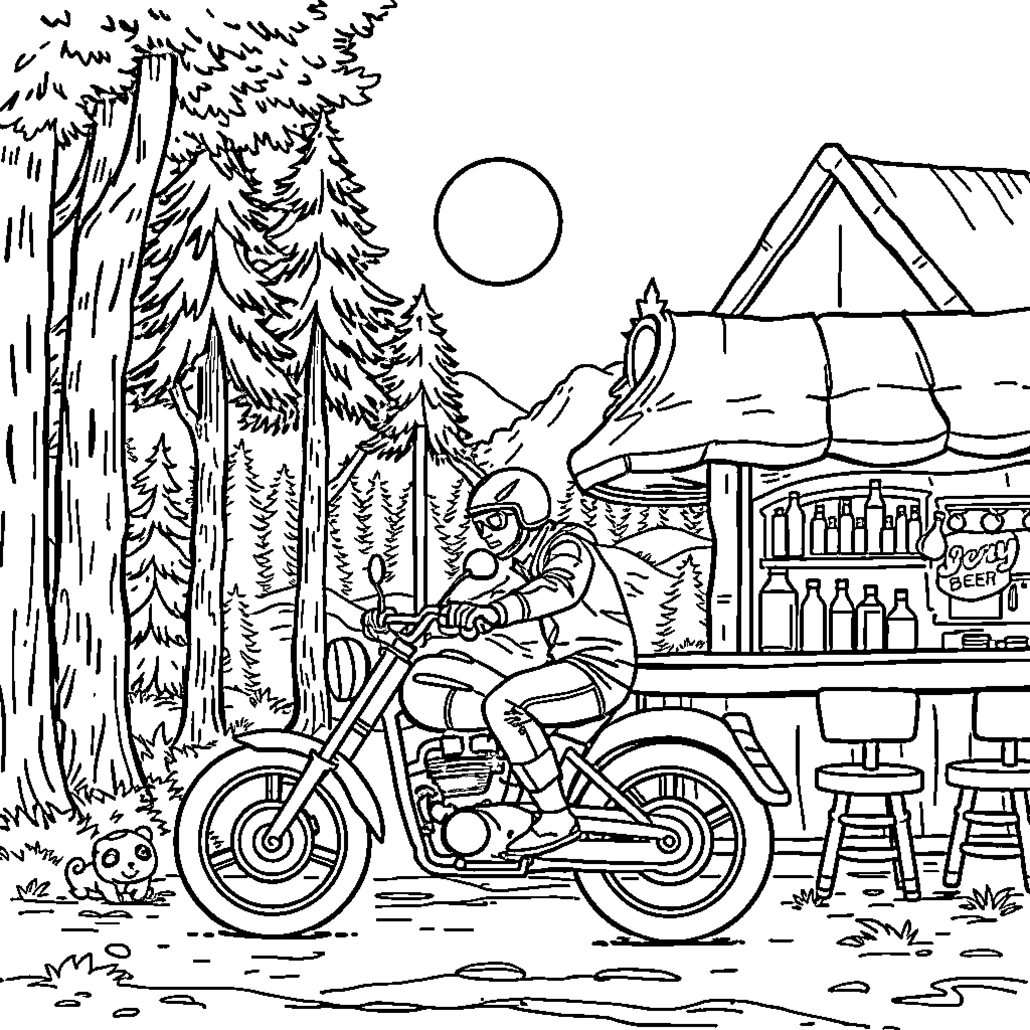 Biker enjoying scenic mountain road and camp scene Coloring Page (free black-and-white line drawing printable PDF for all, from beginners to advanced learners, including children, teens, adults, and seniors)