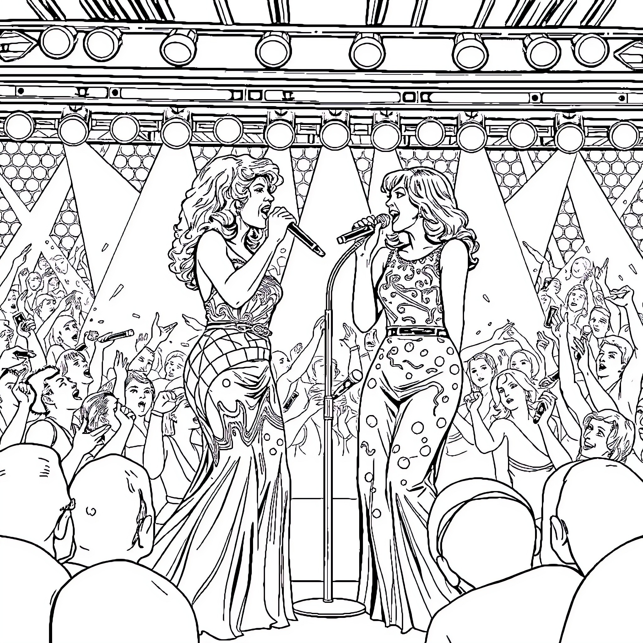 Donna Summer performing on stage with an adoring crowd Coloring Page (free black-and-white line drawing printable PDF for all, from beginners to advanced learners, including children, teens, adults, and seniors)
