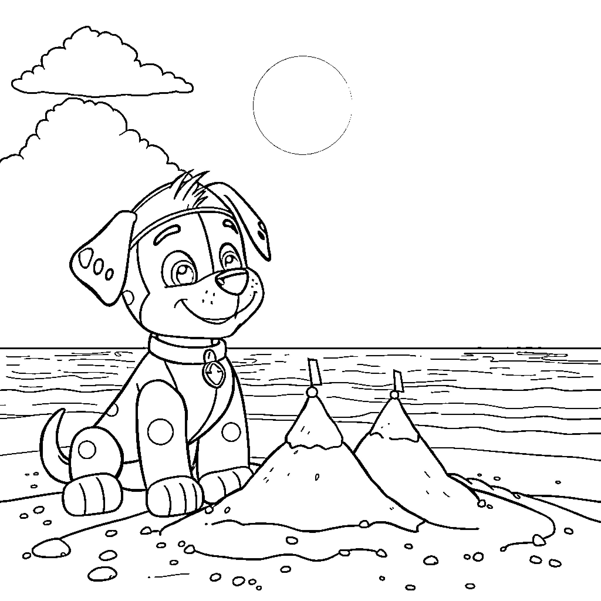 Rubble of a puppy at the beach Coloring Page (free black-and-white line drawing printable PDF for all, from beginners to advanced learners, including children, teens, adults, and seniors)