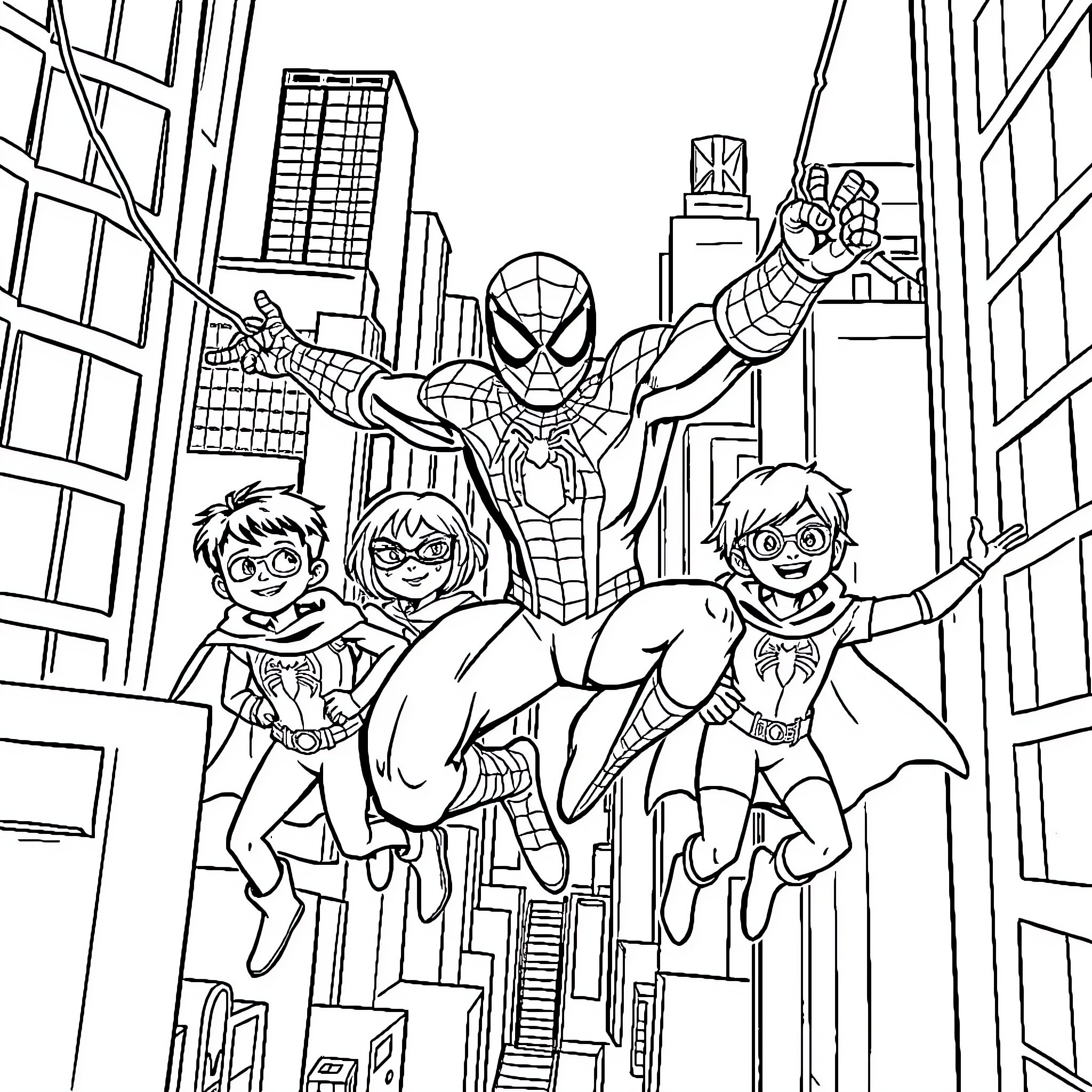 Spider-Man swinging through the city with sidekicks Coloring Page (free black-and-white line drawing printable PDF for all, from beginners to advanced learners, including children, teens, adults, and seniors)