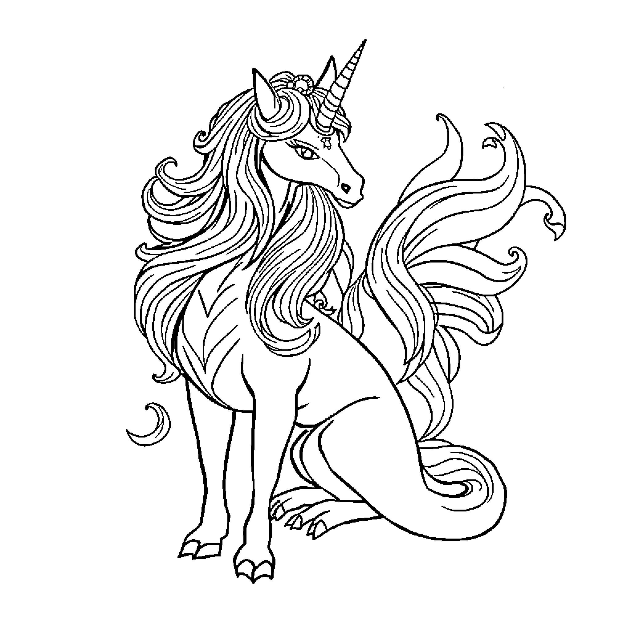 Unicorn with majestic flowing mane and horn Coloring Page (free black-and-white line drawing printable PDF for all, from beginners to advanced learners, including children, teens, adults, and seniors)
