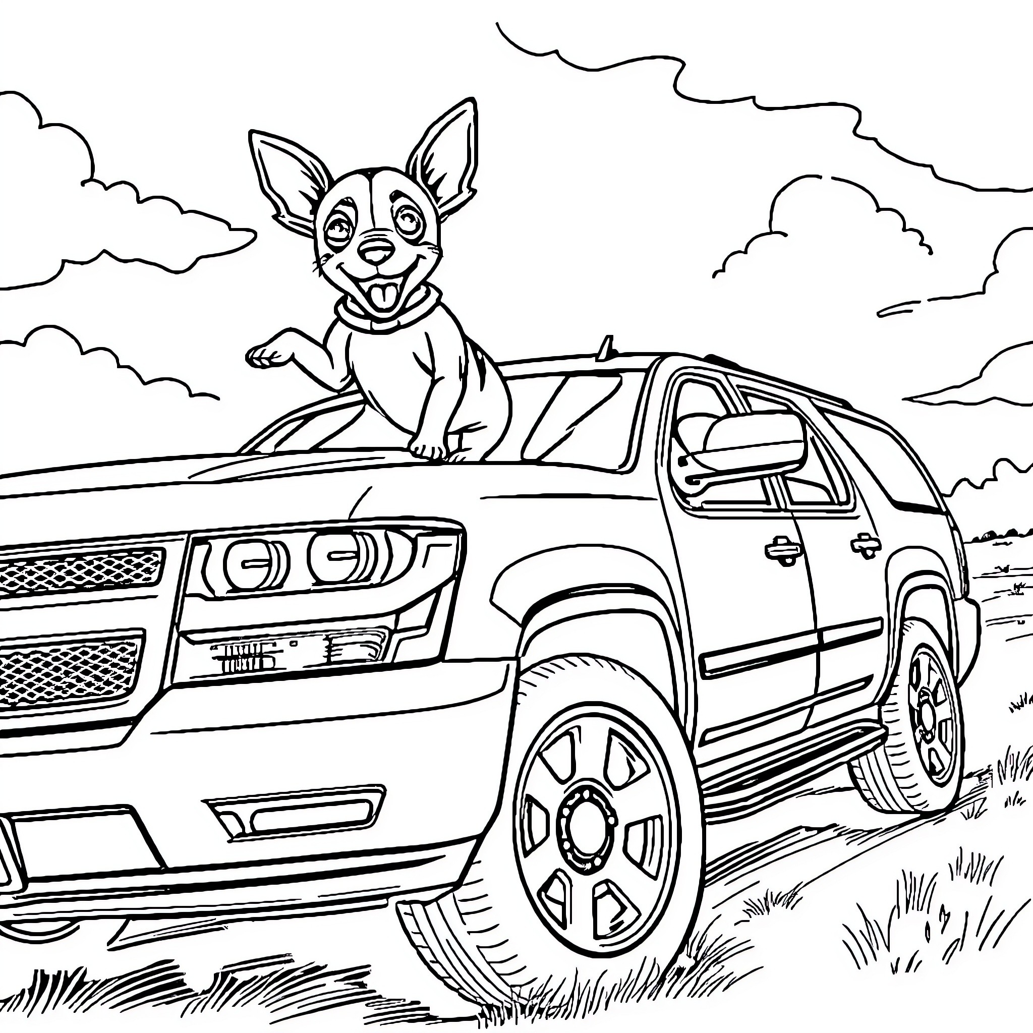 Chiweenie happily exploring a big truck on the road Coloring Page (free black-and-white line drawing printable PDF for all, from beginners to advanced learners, including children, teens, adults, and seniors)