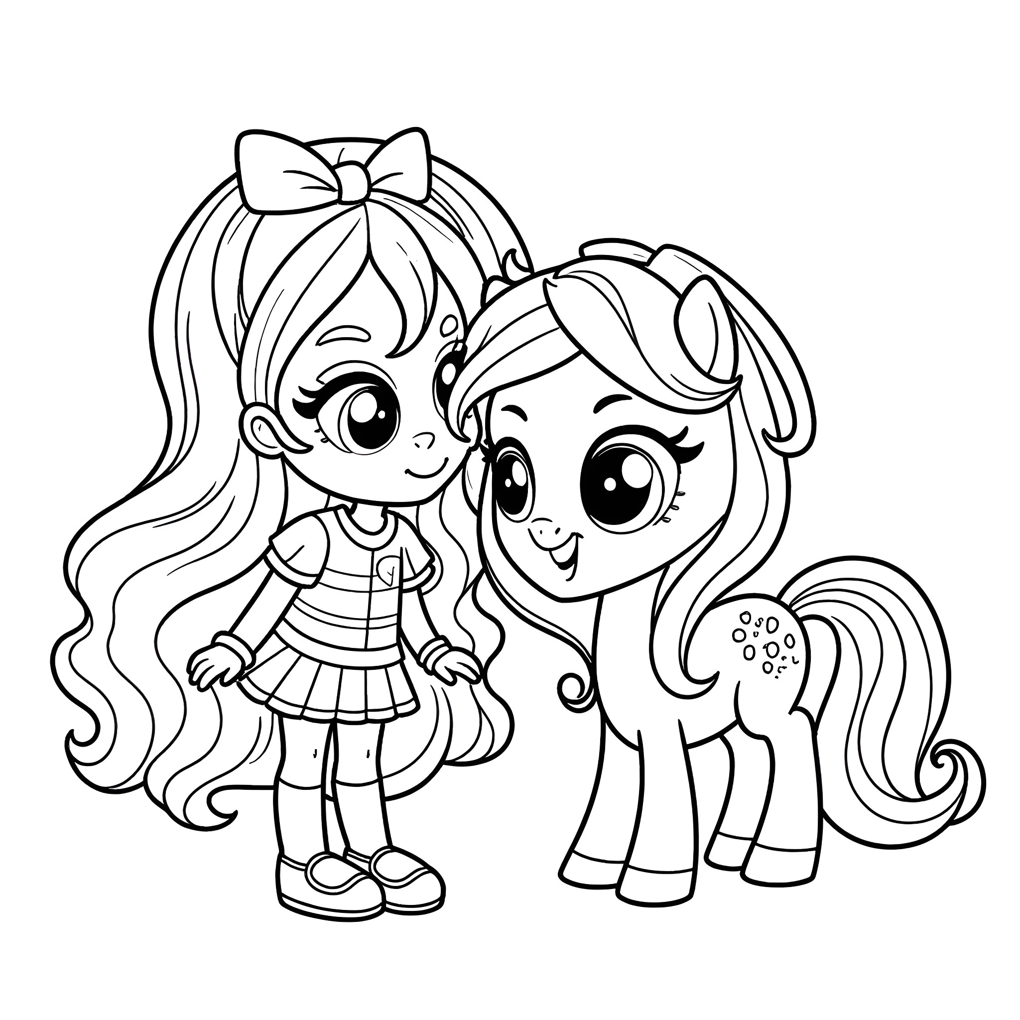 Dollhouse friends playing together happily Coloring Page (free black-and-white line drawing printable PDF for all, from beginners to advanced learners, including children, teens, adults, and seniors)