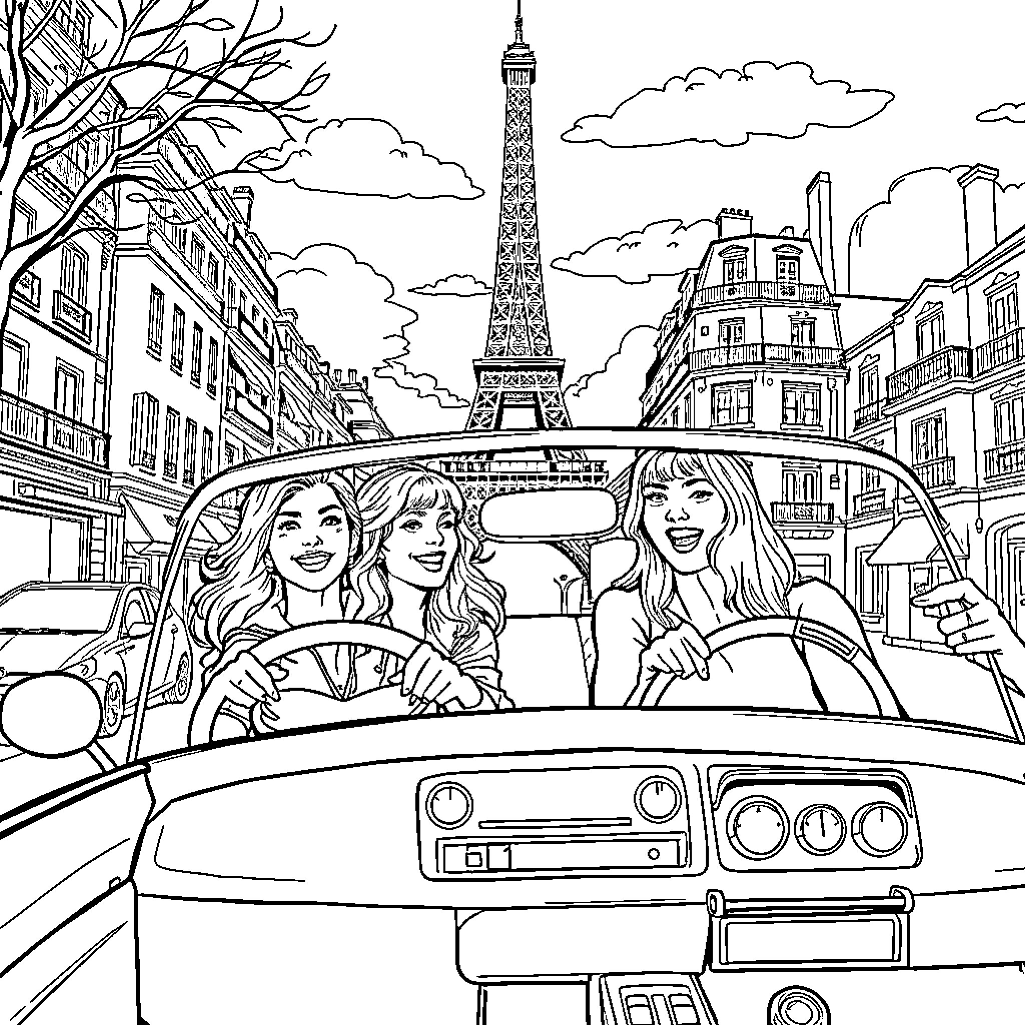 Gilmore Girls explore Paris with Eiffel Tower in the background Coloring Page (free black-and-white line drawing printable PDF for all, from beginners to advanced learners, including children, teens, adults, and seniors)