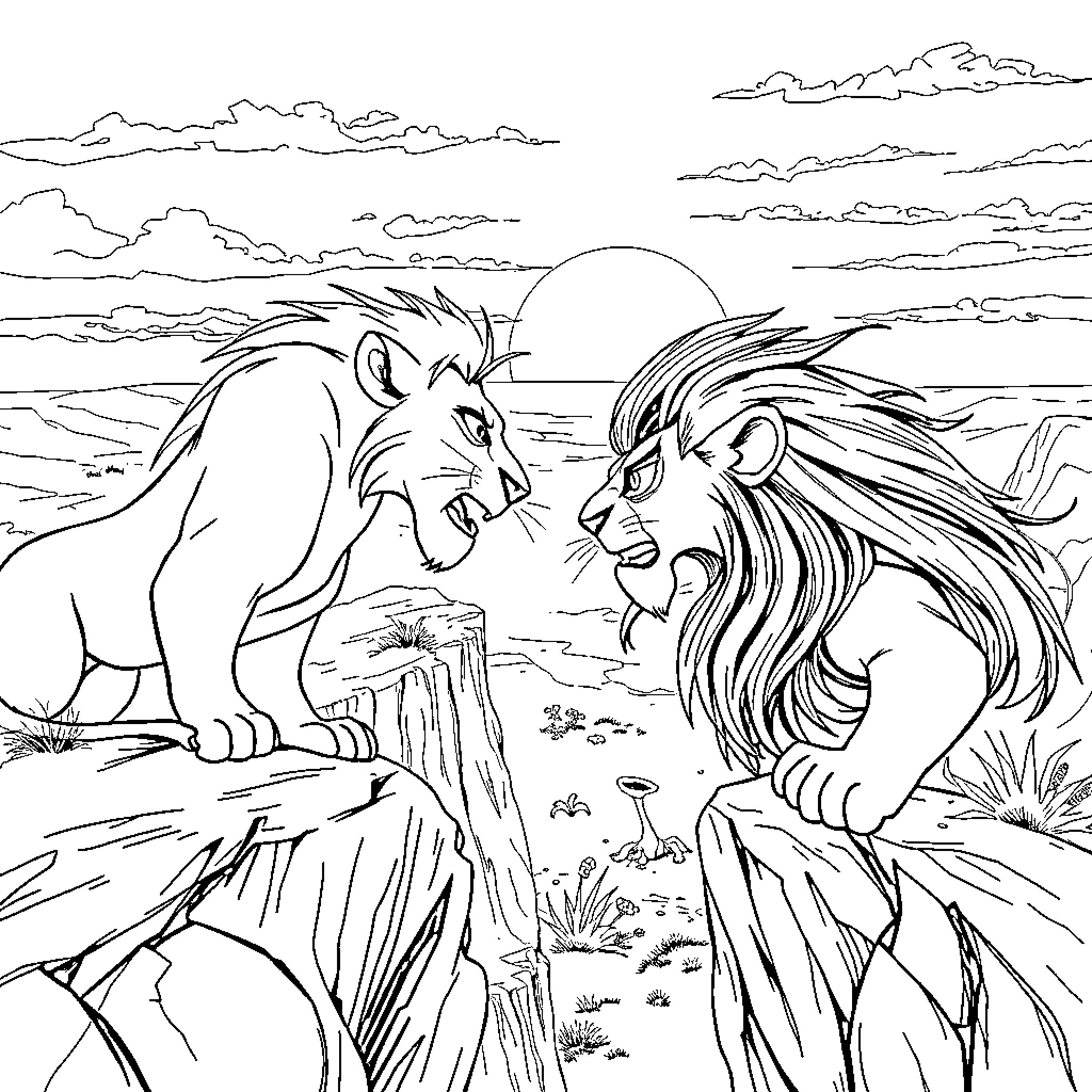 Lion pair facing off in dramatic landscape Coloring Page (free black-and-white line drawing printable PDF for all, from beginners to advanced learners, including children, teens, adults, and seniors)