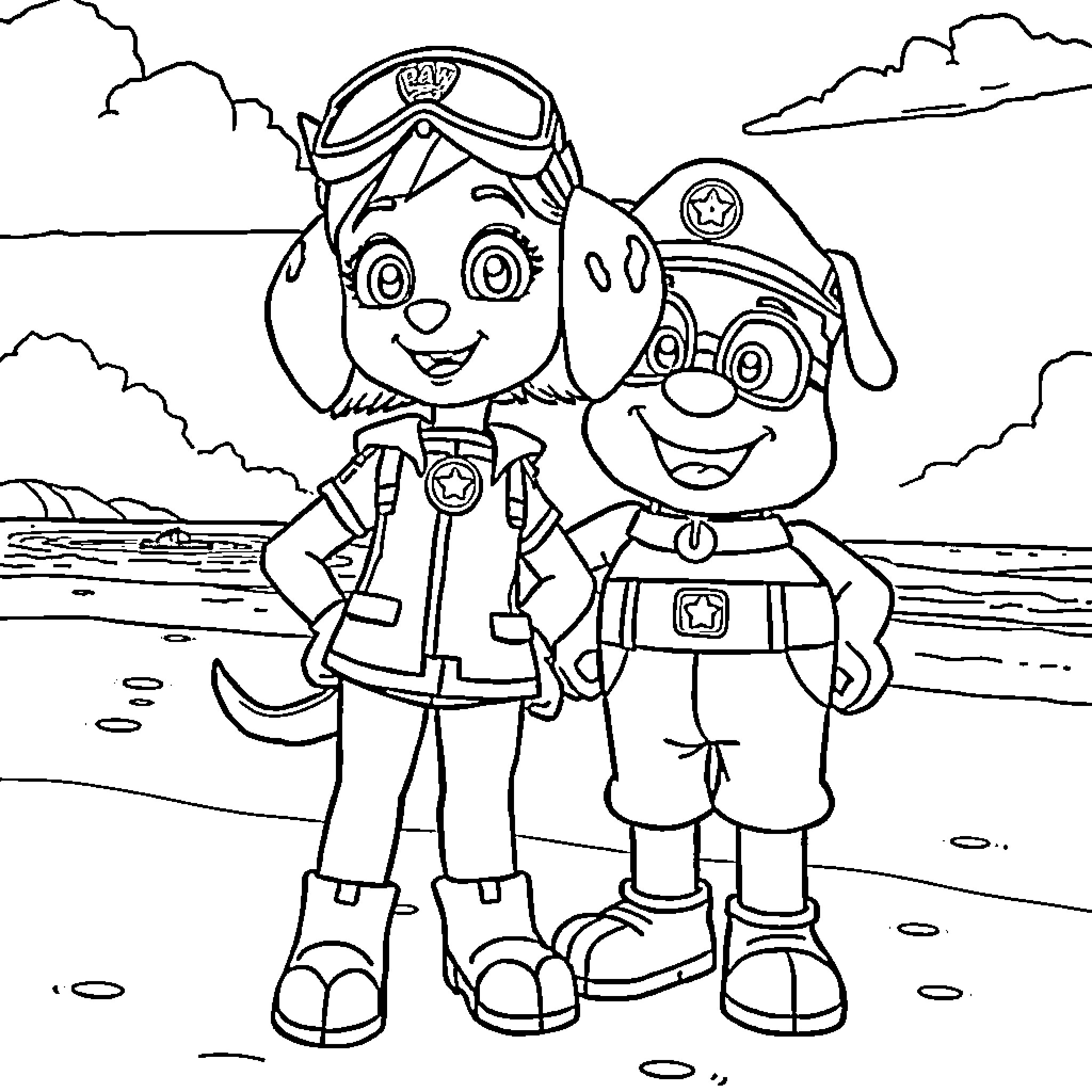 Skye and Chase on Adventure Patrol Coloring Page (free black-and-white line drawing printable PDF for all, from beginners to advanced learners, including children, teens, adults, and seniors)