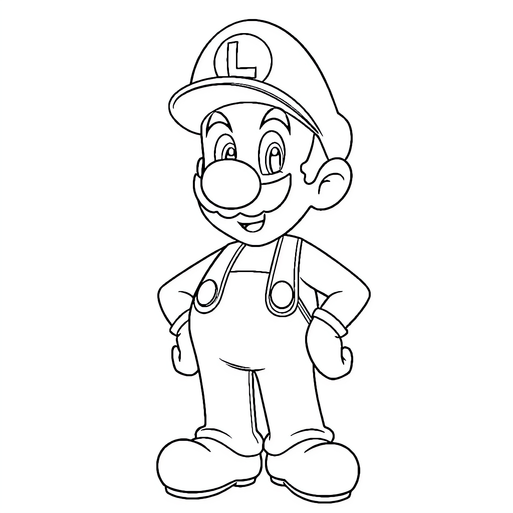 Luigi cheerfully standing in his iconic outfit Coloring Page (free black-and-white line drawing printable PDF for all, from beginners to advanced learners, including children, teens, adults, and seniors)