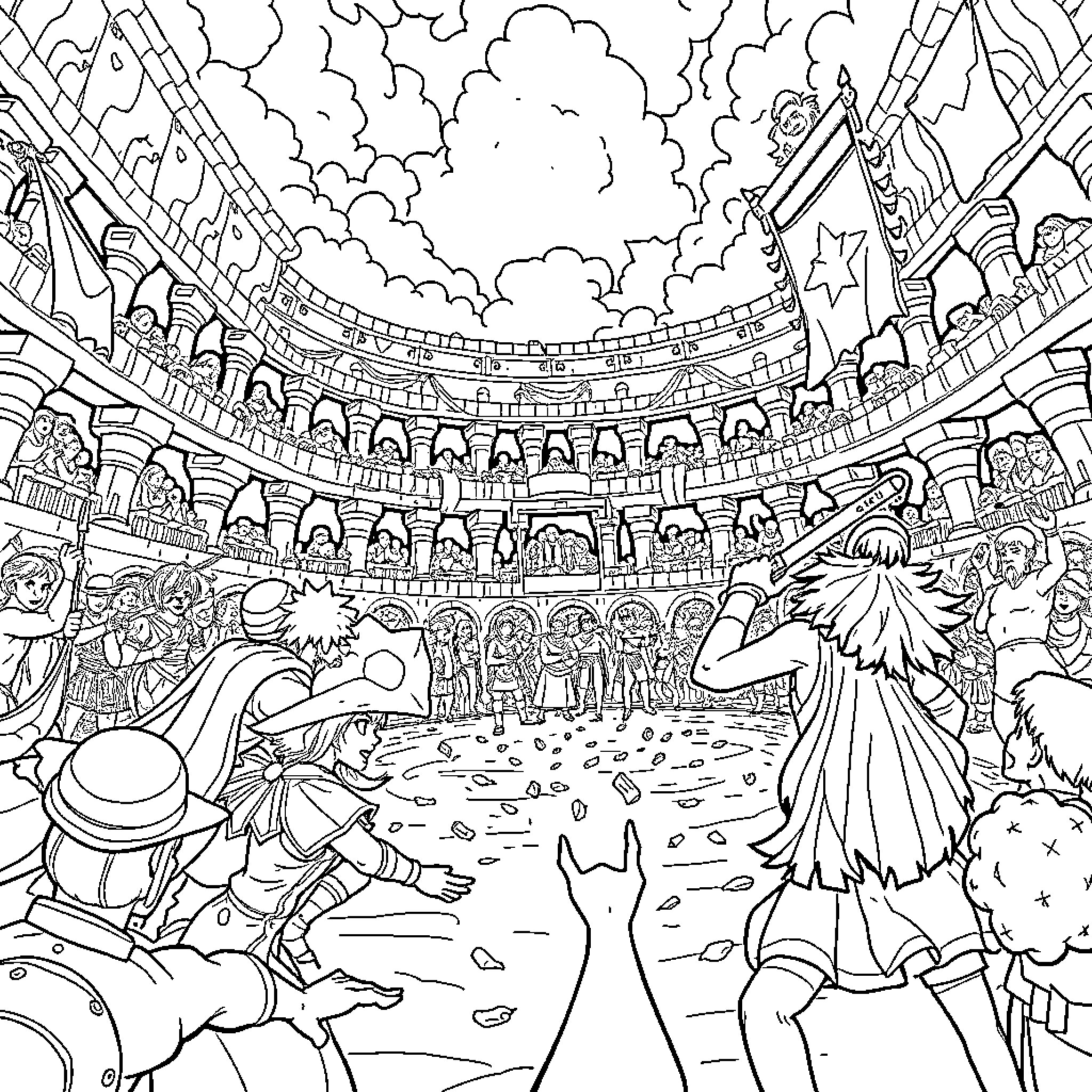 Battle for Dream Island: Epic Arena Showdown Coloring Page (free black-and-white line drawing printable PDF for all, from beginners to advanced learners, including children, teens, adults, and seniors)