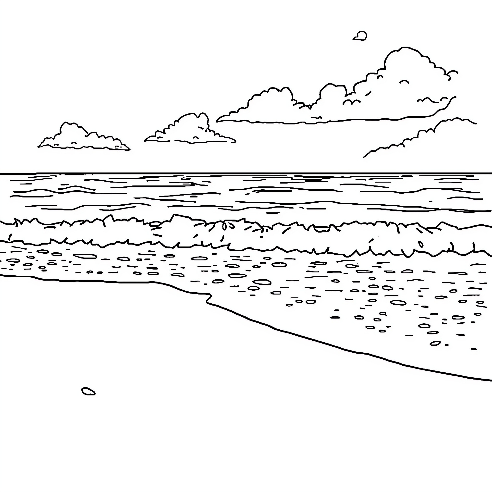 Beach scene with clouds and waves Coloring Page (free black-and-white line drawing printable PDF for all, from beginners to advanced learners, including children, teens, adults, and seniors)