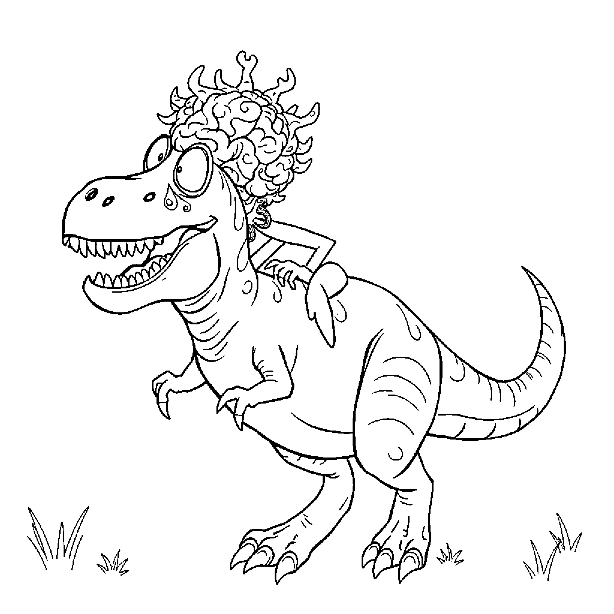 Brain Rot Character Playfully Exploring Wilderness Coloring Page (free black-and-white line drawing printable PDF for all, from beginners to advanced learners, including children, teens, adults, and seniors)