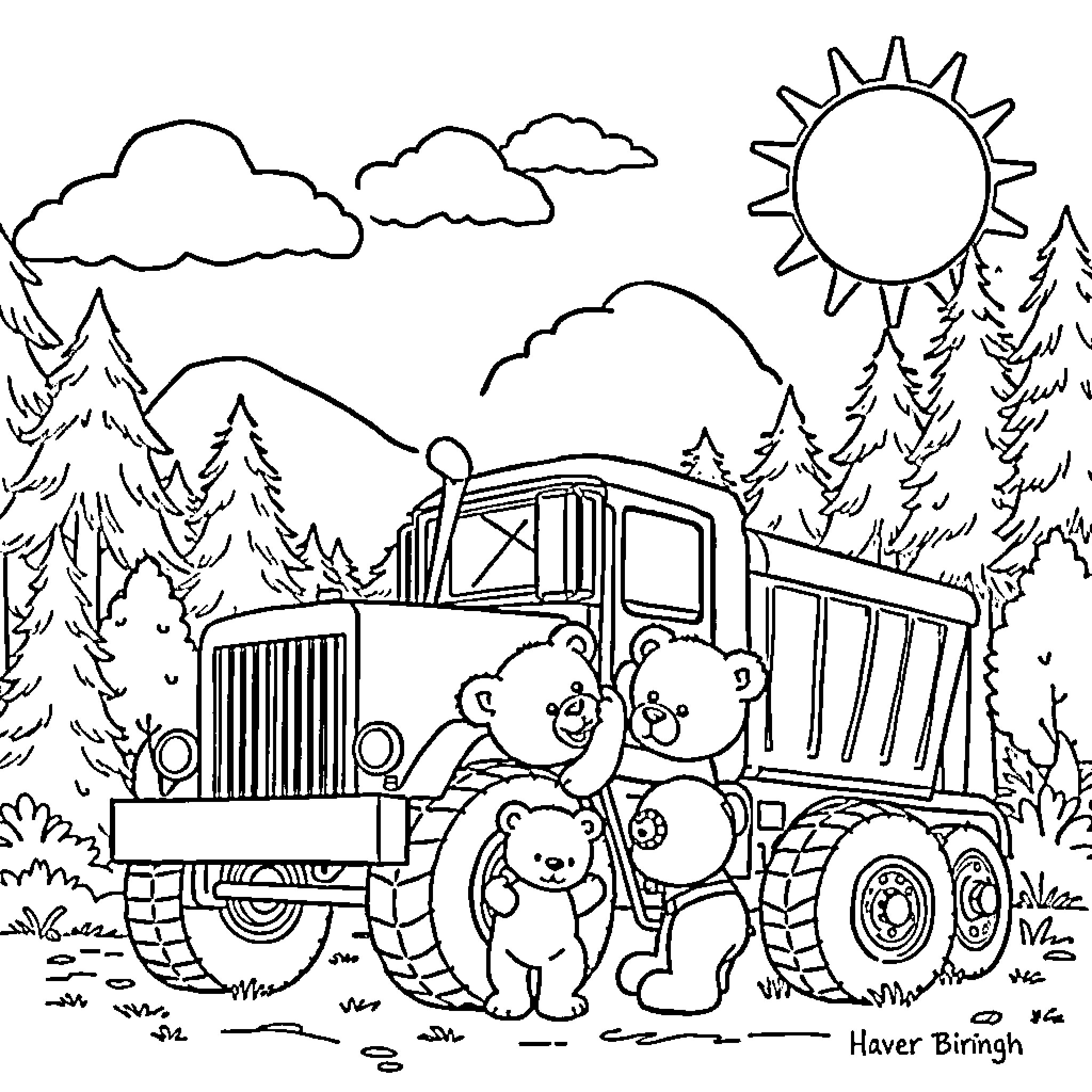 Teddy Bears explore the outdoors in a dump truck Coloring Page (free black-and-white line drawing printable PDF for all, from beginners to advanced learners, including children, teens, adults, and seniors)