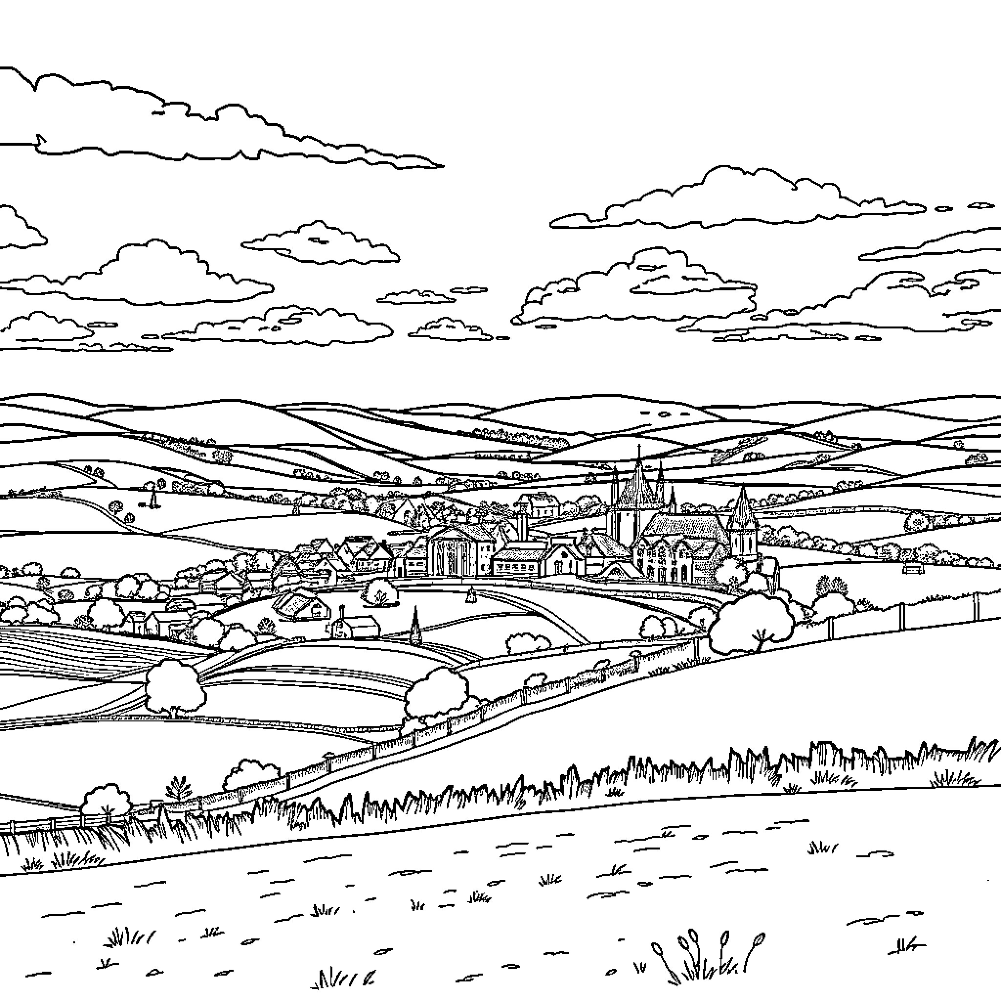 Yorkshire Rural Countryside Landscape Coloring Page (free black-and-white line drawing printable PDF for all, from beginners to advanced learners, including children, teens, adults, and seniors)