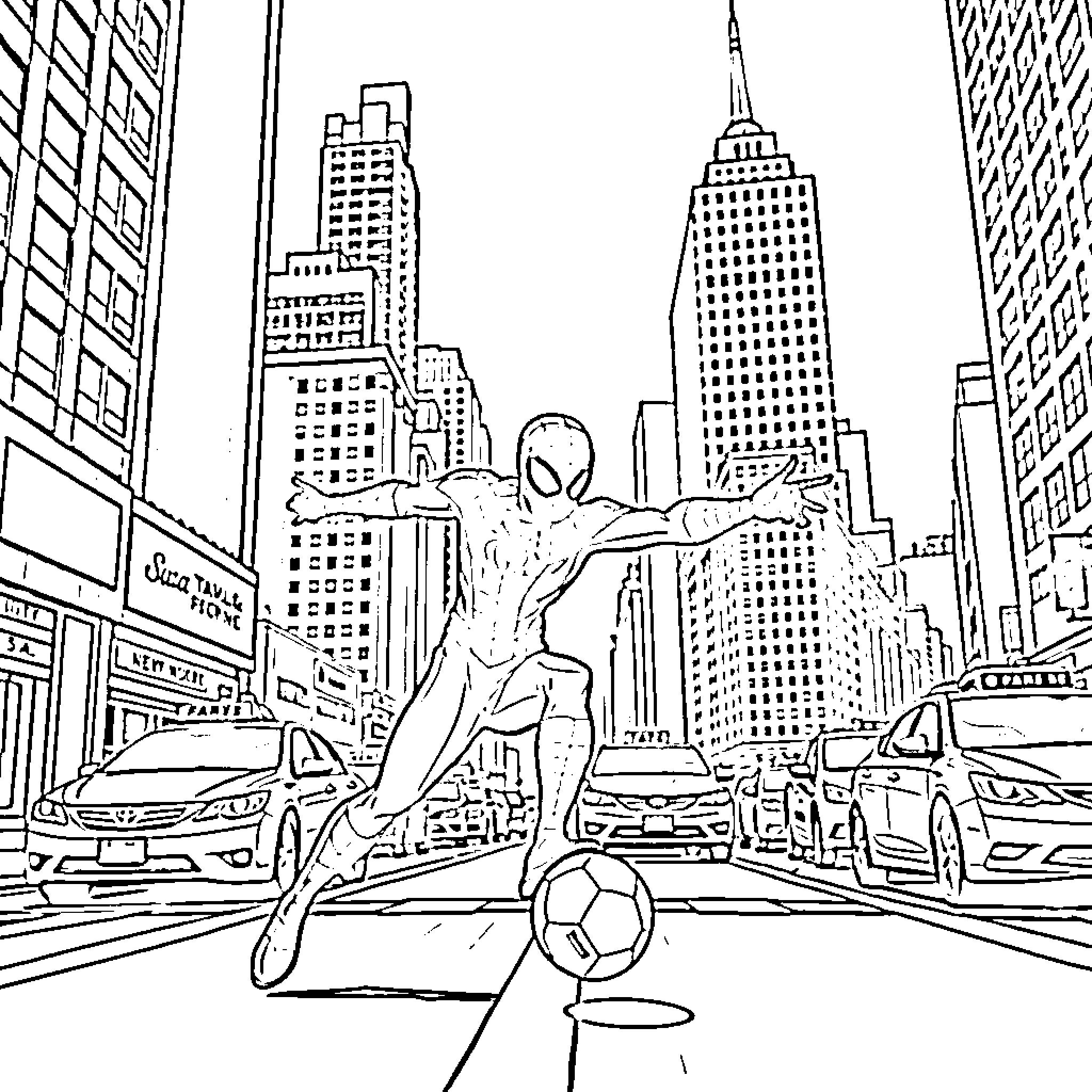 Spiderman soaring through the city skyline Coloring Page (free black-and-white line drawing printable PDF for all, from beginners to advanced learners, including children, teens, adults, and seniors)
