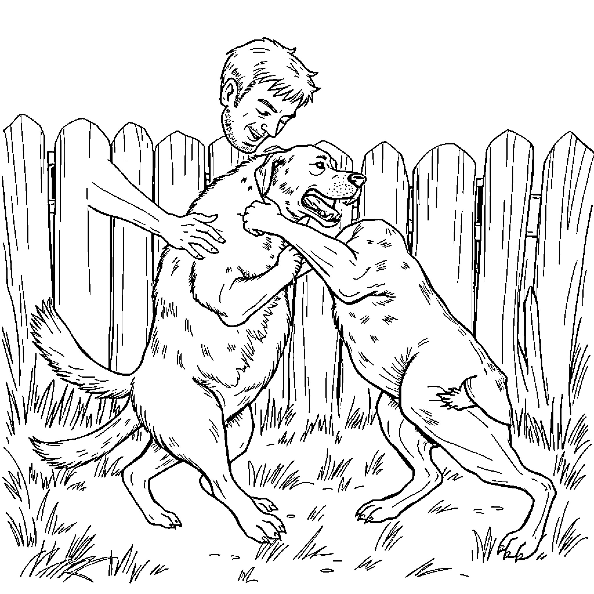 Dog playing with child in backyard Coloring Page (free black-and-white line drawing printable PDF for all, from beginners to advanced learners, including children, teens, adults, and seniors)