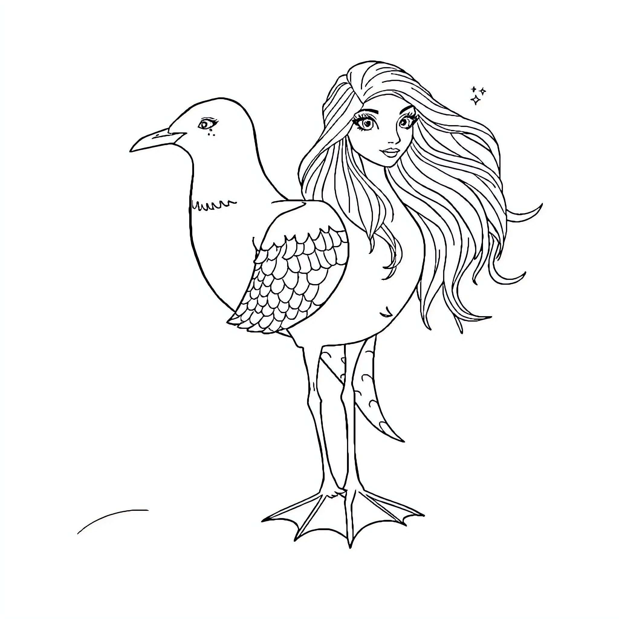 Mermaid posing with a bird-like creature Coloring Page (free black-and-white line drawing printable PDF for all, from beginners to advanced learners, including children, teens, adults, and seniors)