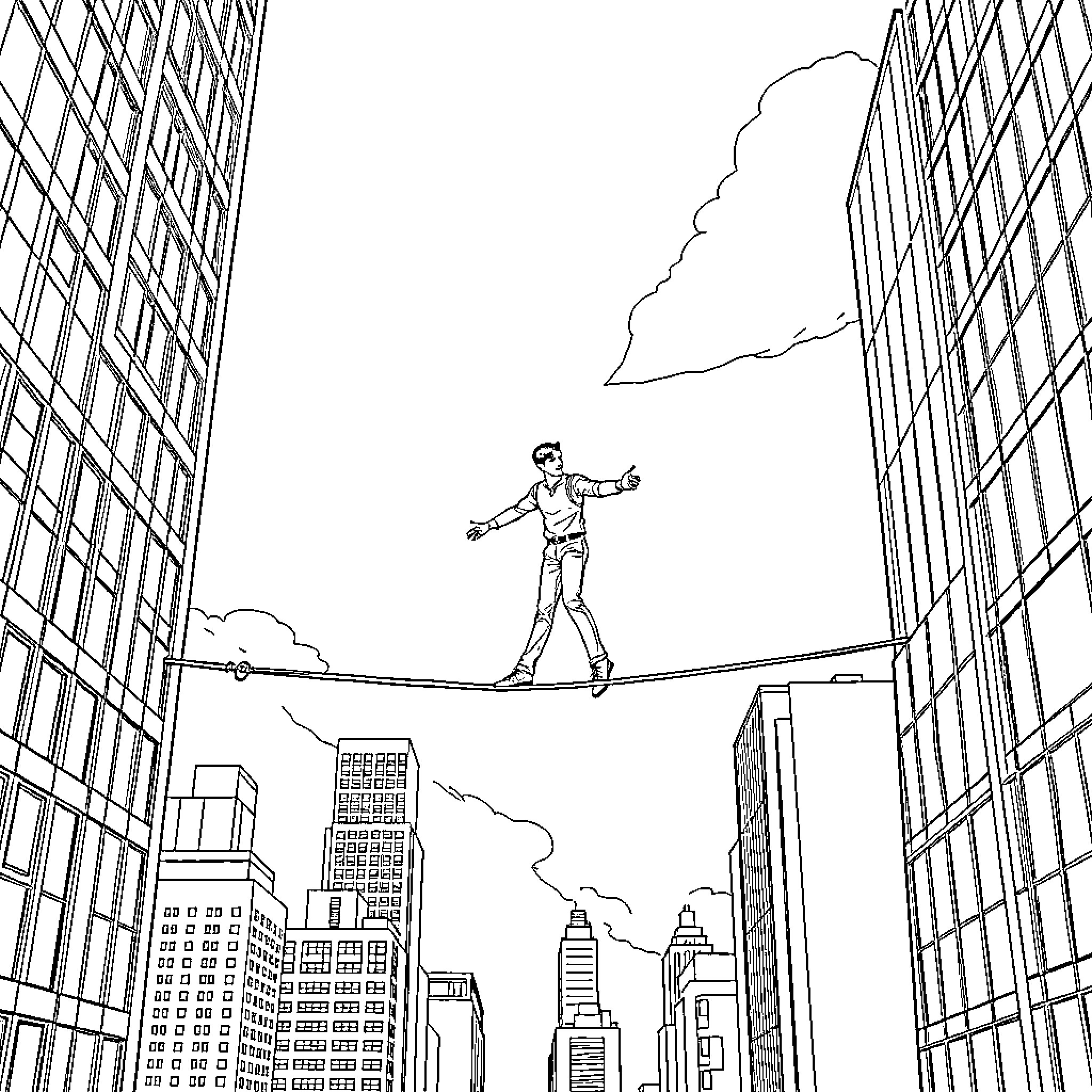 Man balancing on tightrope over city skyline Coloring Page (free black-and-white line drawing printable PDF for all, from beginners to advanced learners, including children, teens, adults, and seniors)
