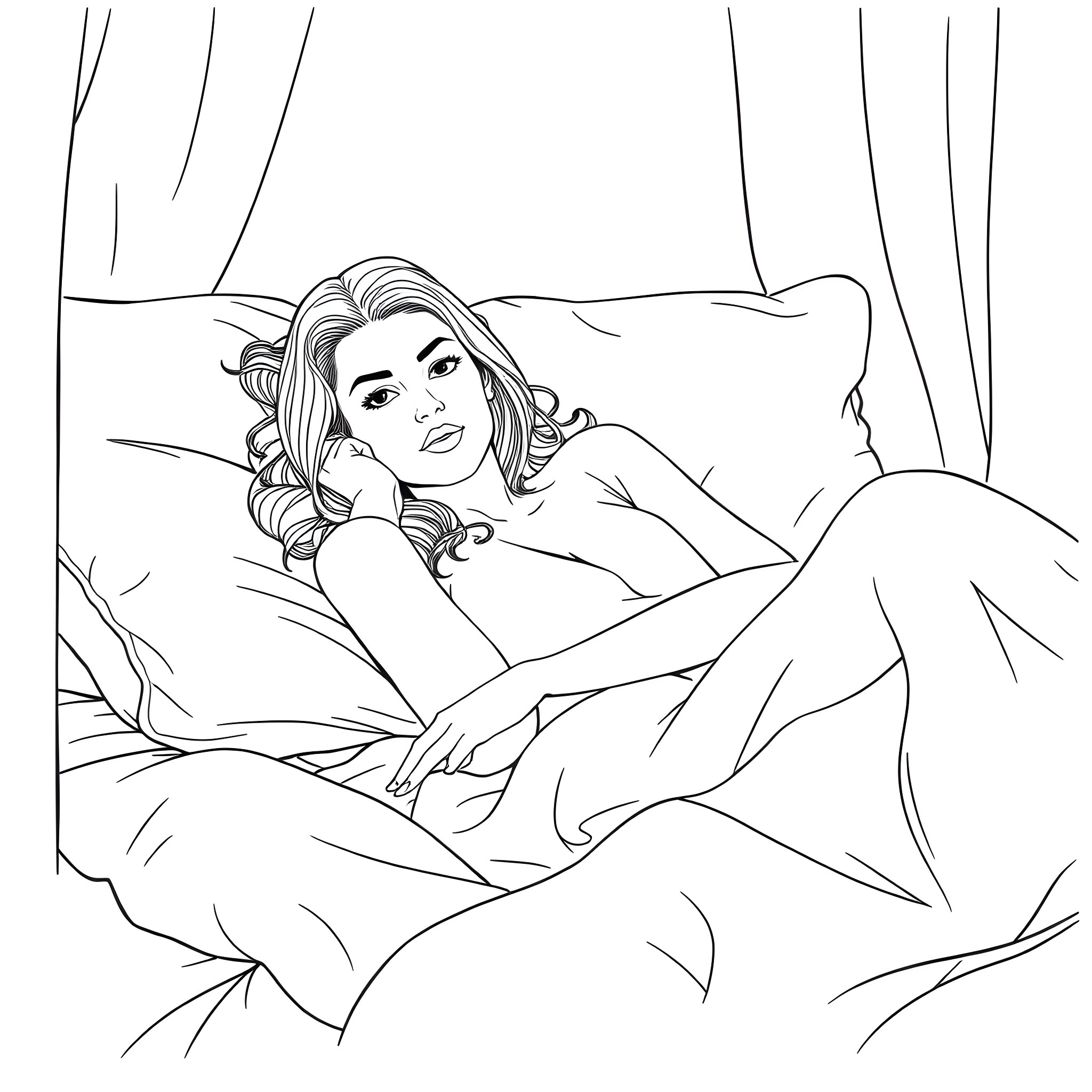 Claire Redfield resting on the bed with a pensive expression Coloring Page (free black-and-white line drawing printable PDF for all, from beginners to advanced learners, including children, teens, adults, and seniors)