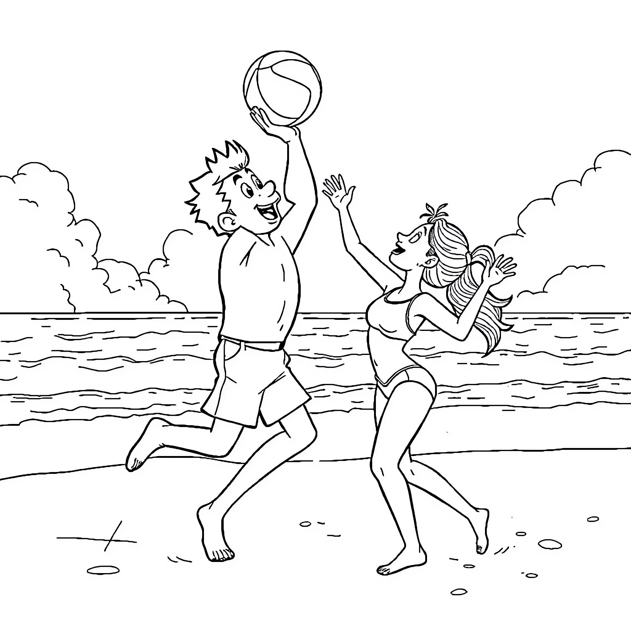 Volleyball players enjoying a beach game Coloring Page (free black-and-white line drawing printable PDF for all, from beginners to advanced learners, including children, teens, adults, and seniors)