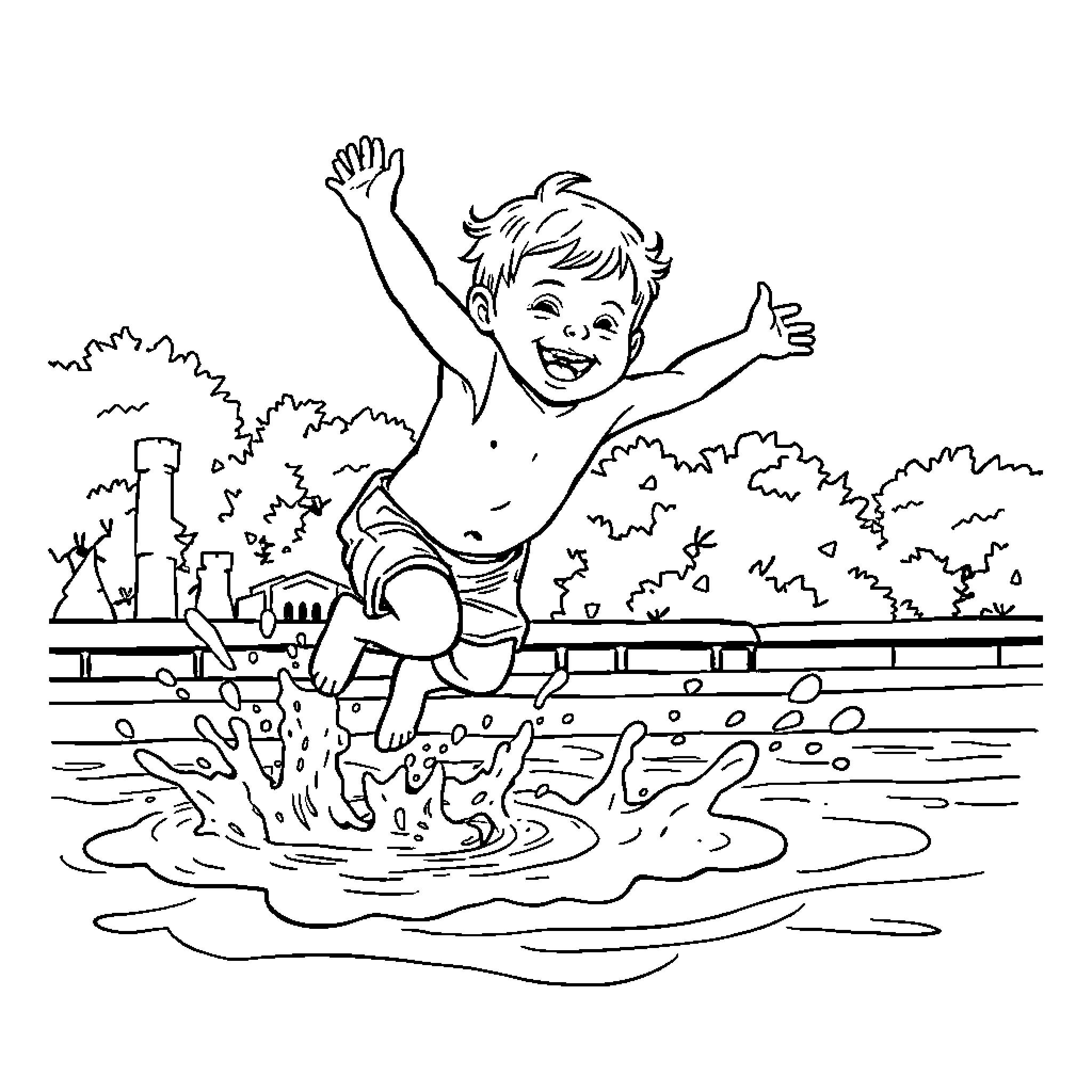 Child joyfully splashing in water Coloring Page (free black-and-white line drawing printable PDF for all, from beginners to advanced learners, including children, teens, adults, and seniors)