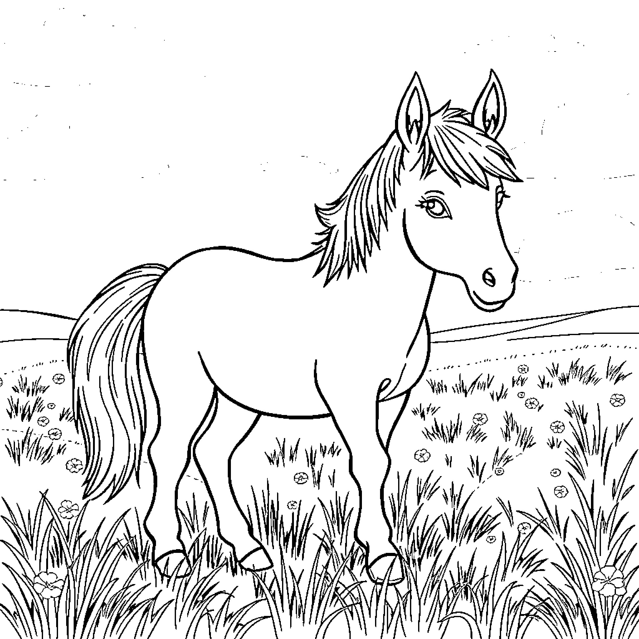 Pony exploring the field Coloring Page (free black-and-white line drawing printable PDF for all, from beginners to advanced learners, including children, teens, adults, and seniors)