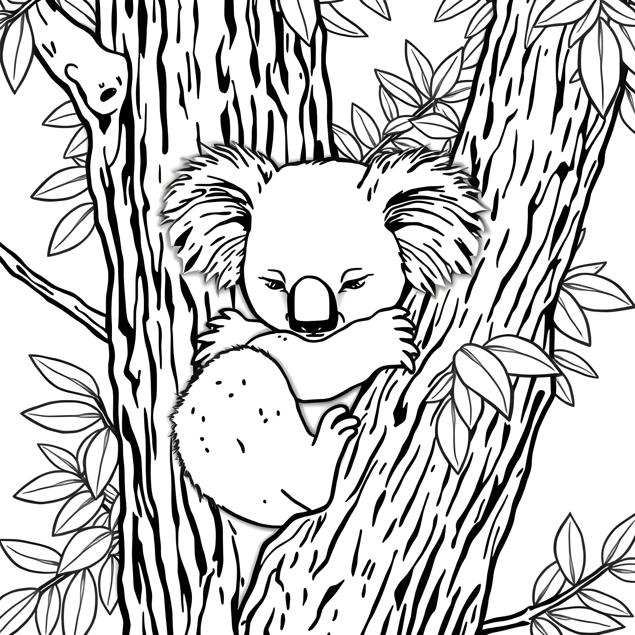 Koala sleeping peacefully in a tree Coloring Page (free black-and-white line drawing printable PDF for all, from beginners to advanced learners, including children, teens, adults, and seniors)