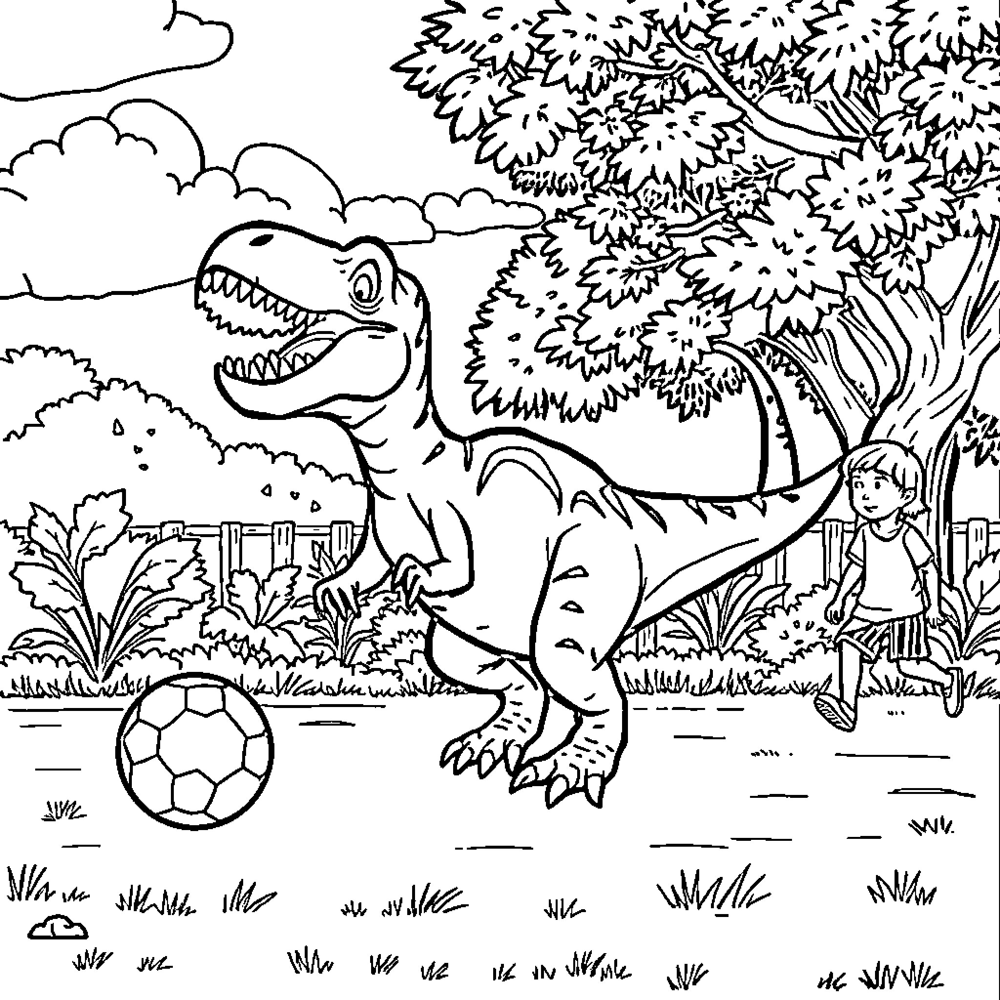 Dino playing with soccer ball in the park Coloring Page (free black-and-white line drawing printable PDF for all, from beginners to advanced learners, including children, teens, adults, and seniors)