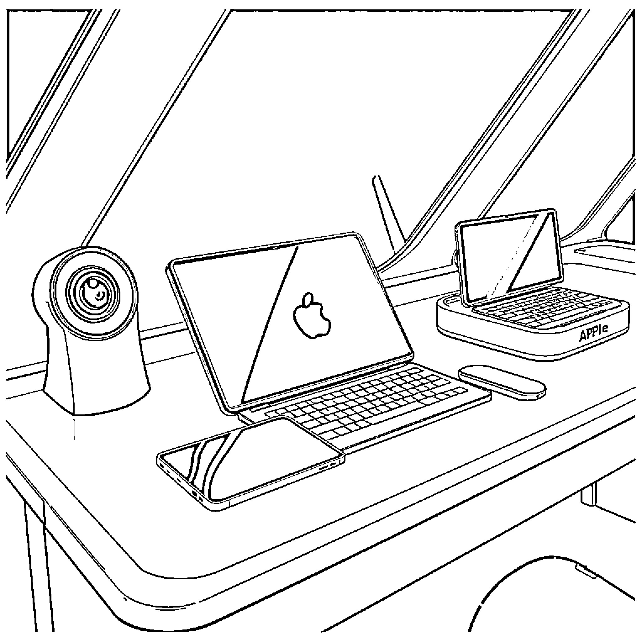 Apple technology devices on a work desk Coloring Page (free black-and-white line drawing printable PDF for all, from beginners to advanced learners, including children, teens, adults, and seniors)